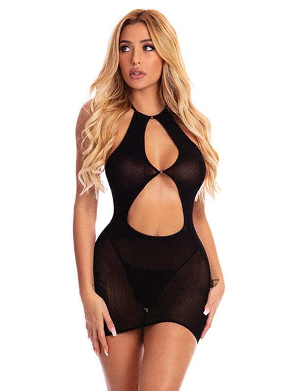 Sexy Plus Size Semi Sheer Opaque Black Follow Me Mini Party Club Dress