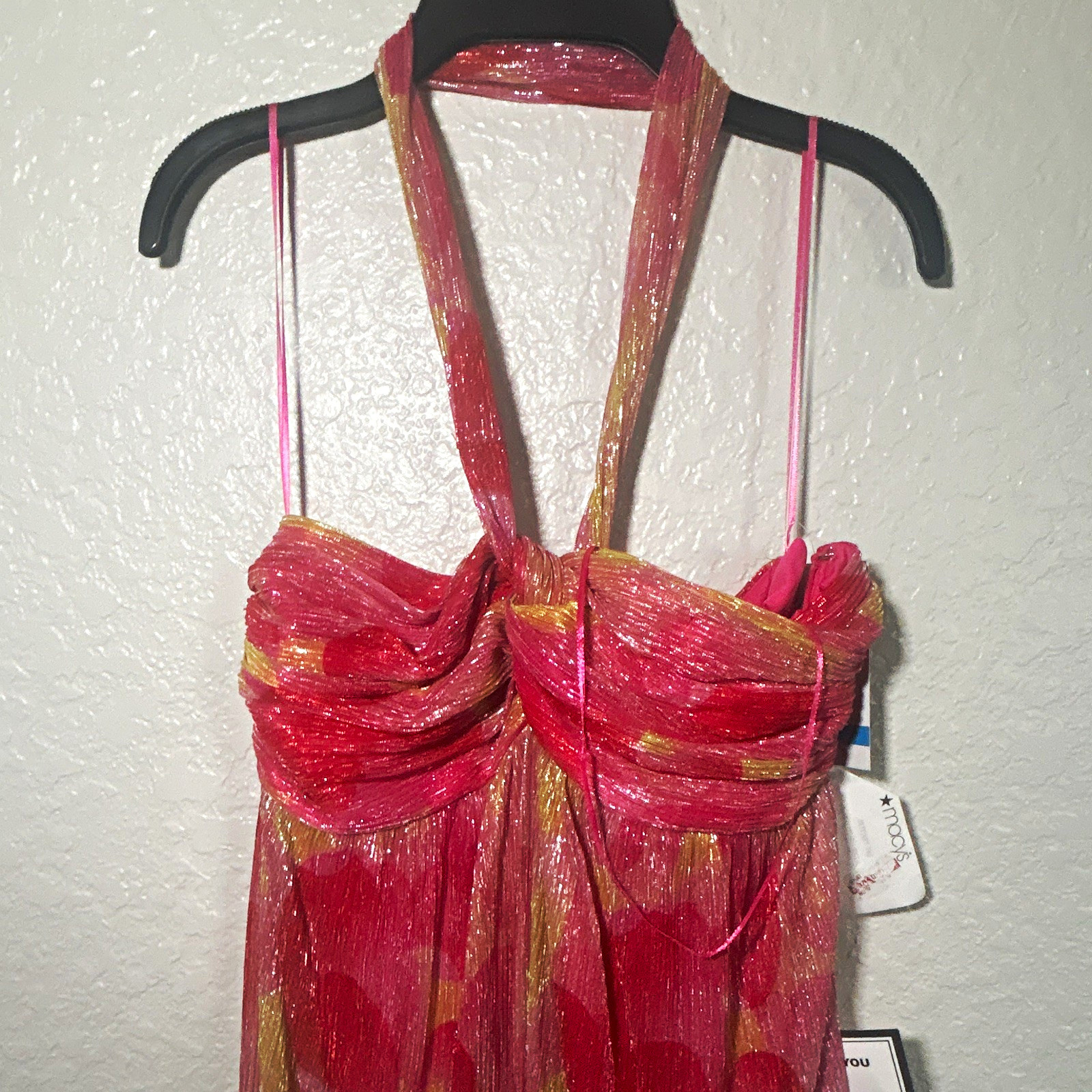 Macy’s Women’s Size 12 Pink Gold Red Chiffon Halter Sleeveless Maxi Zip Dress