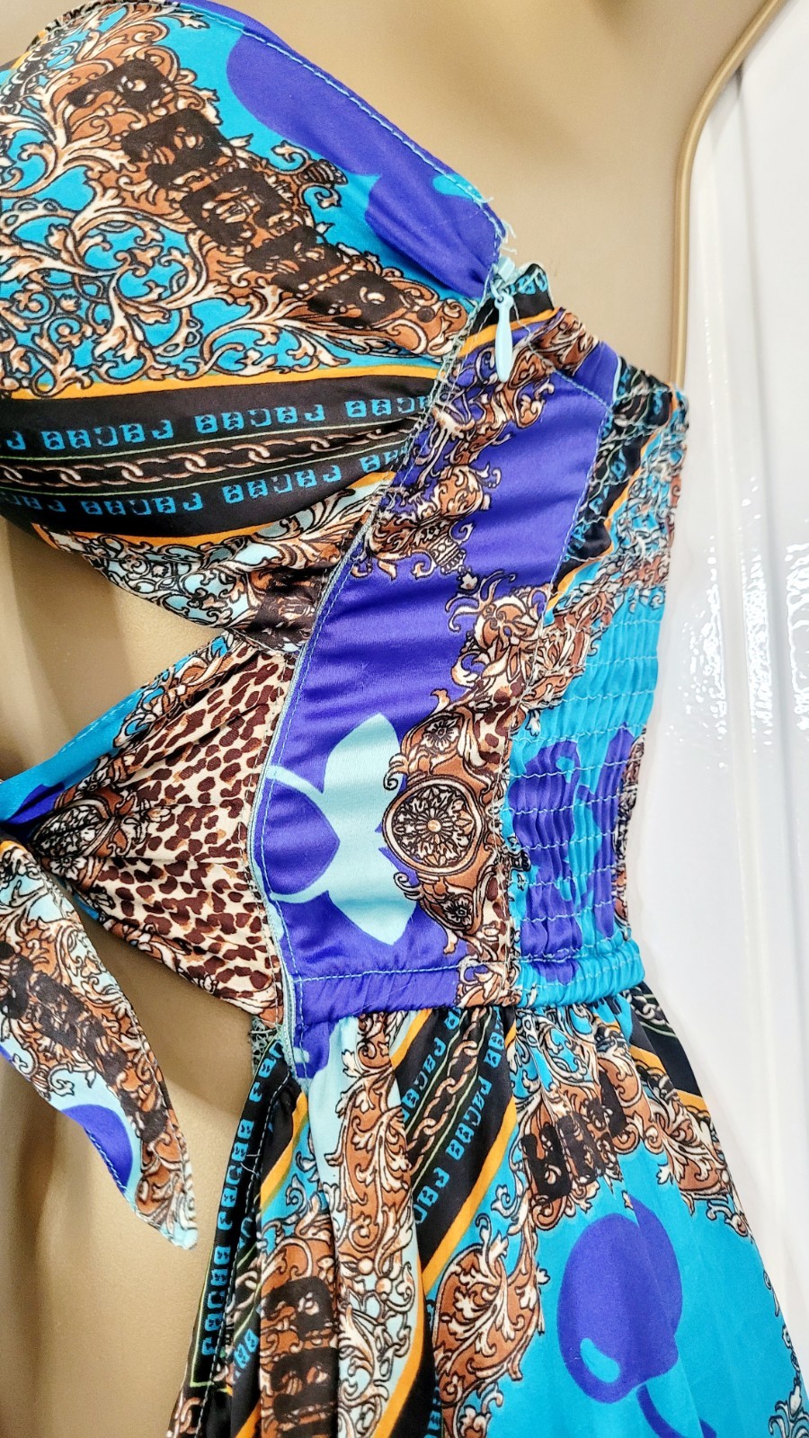River Island size 8 10 Small PACHA blue satin cut out tie beach pool party dress