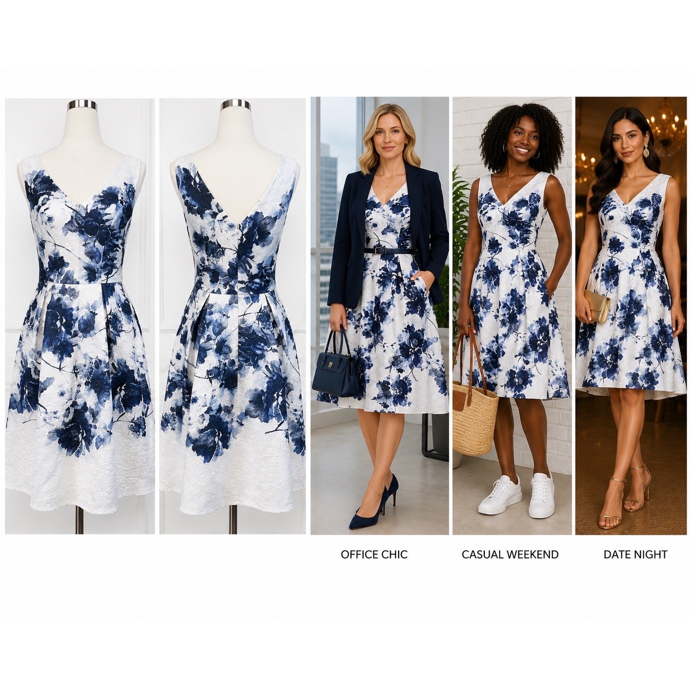 White & Navy Floral Fit & Flare Dress with Pockets | Jacquard Cocktail Dress