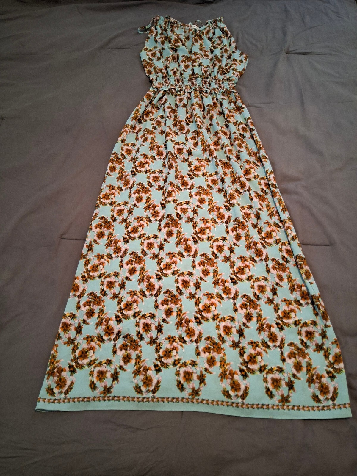 Max Studio Blue Floral Tie Neck Smocked Waist Maxi Dress Boho