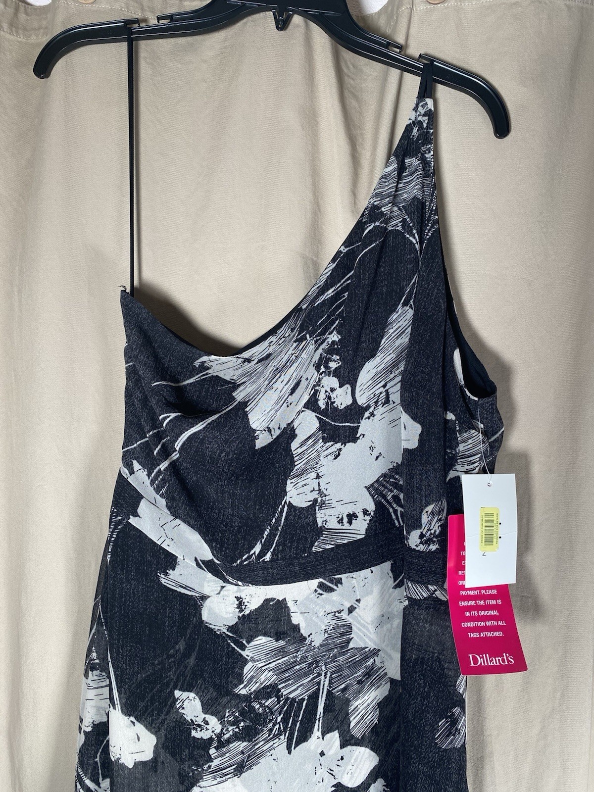 NWT H by Halston One Shoulder High Low Dress 12 Black White Floral Cocktail Gown