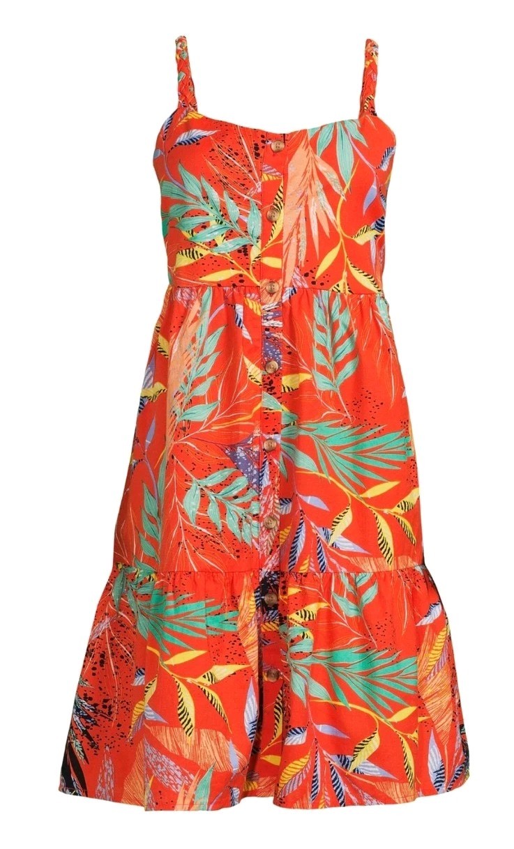 Orange Sleeveless Shirtdress Leaf Print Tropical Beach Summer Linen Cotton Sz M