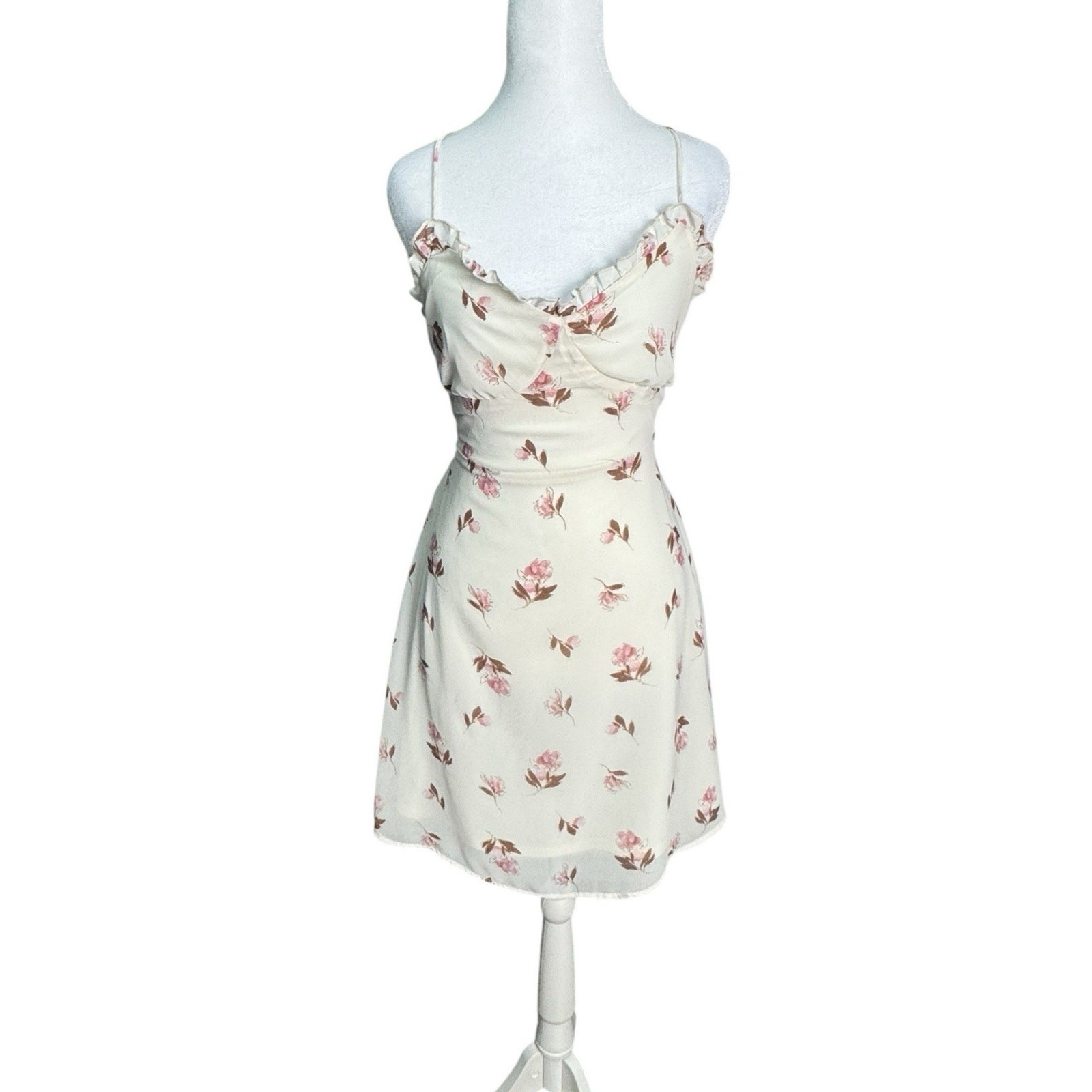 Cream Floral Womens Chiffon Babydoll Mini Dress Coquette Fairycore Size Medium