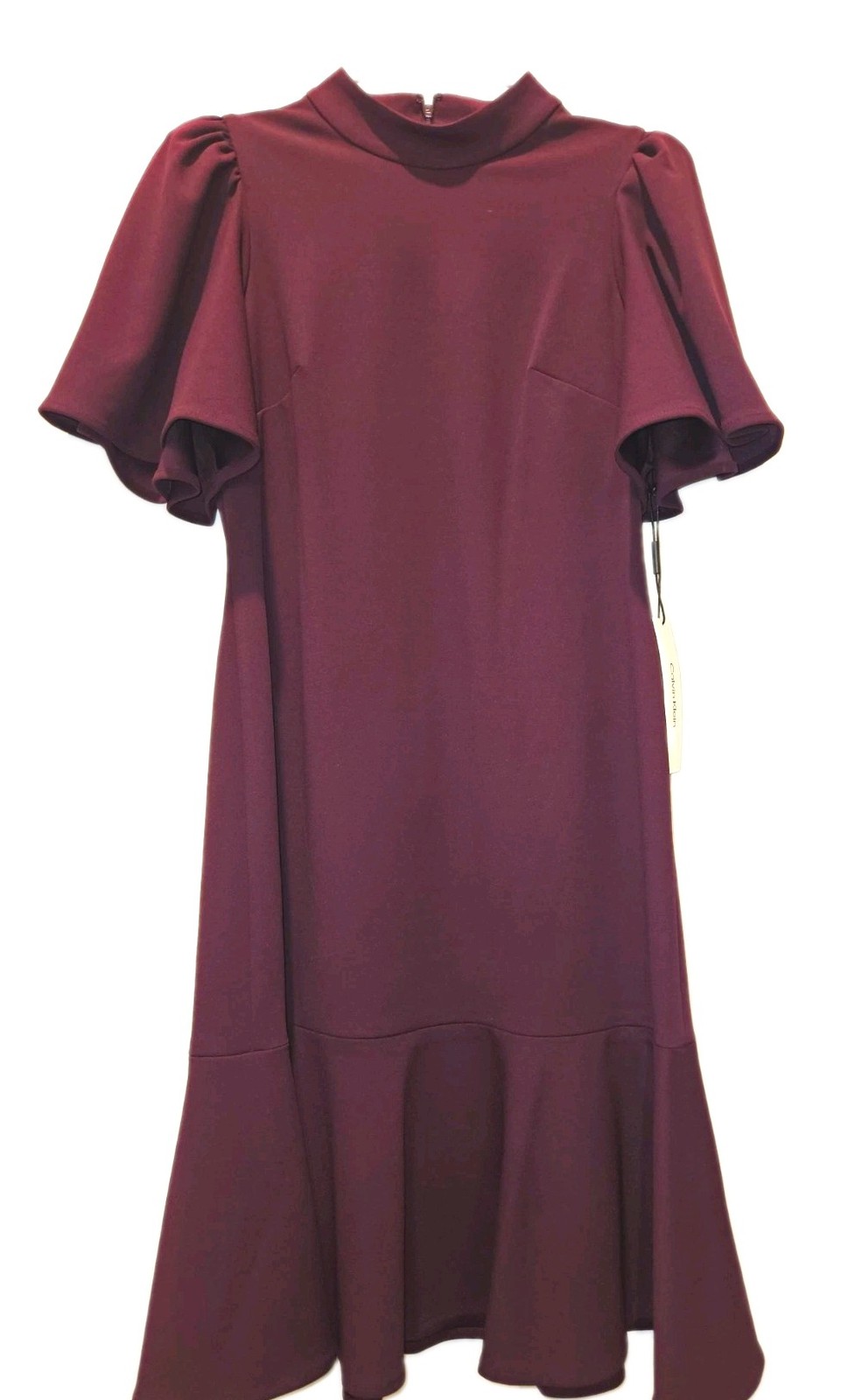 Calvin Klein Purple Solid A-Line Knee Dress 10 Mock Neck Flutter Ruffle Zip