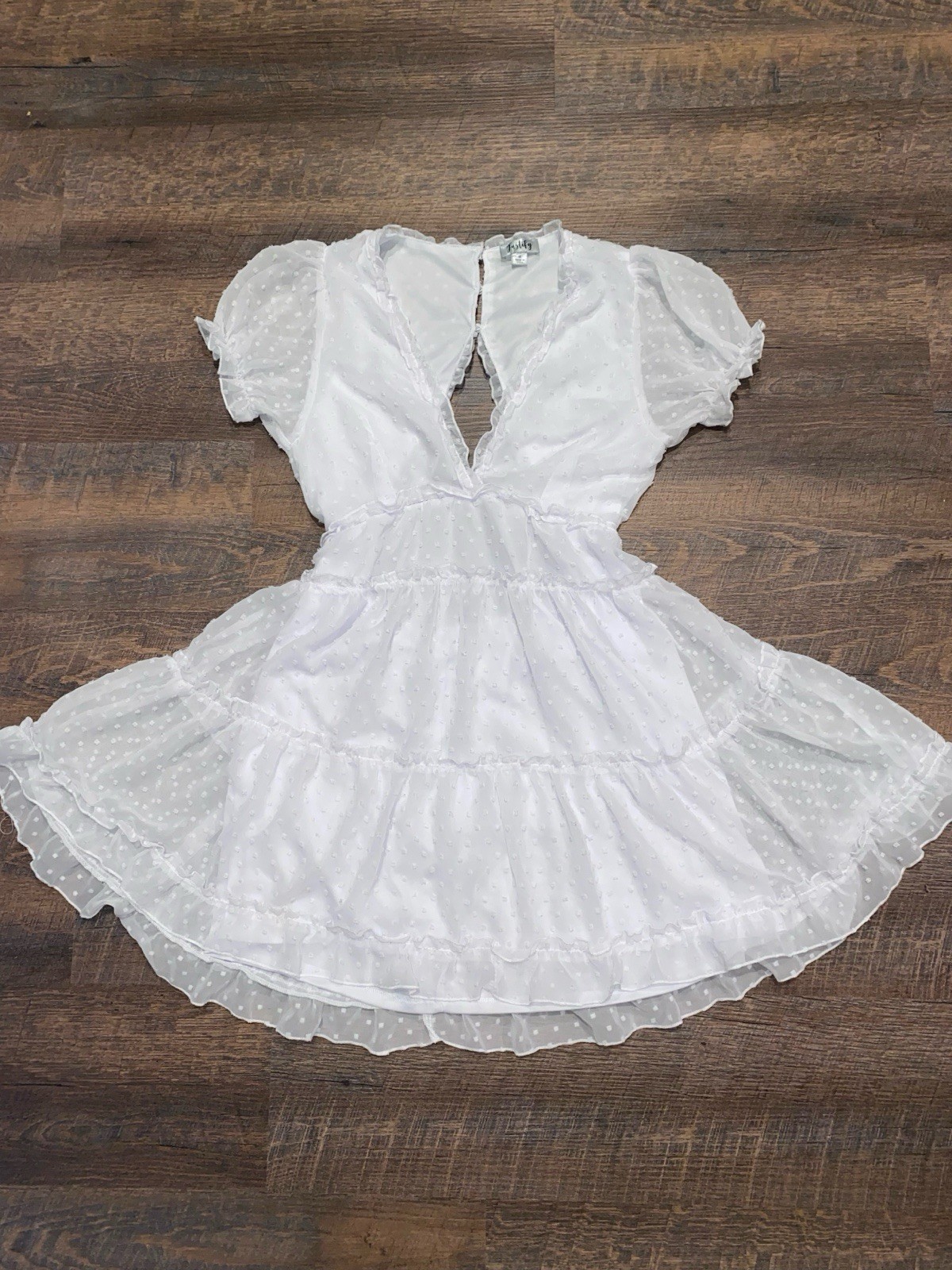 Justify White Polka Dot Fit & Flare Ruffle Open Back Chiffon Dress M
