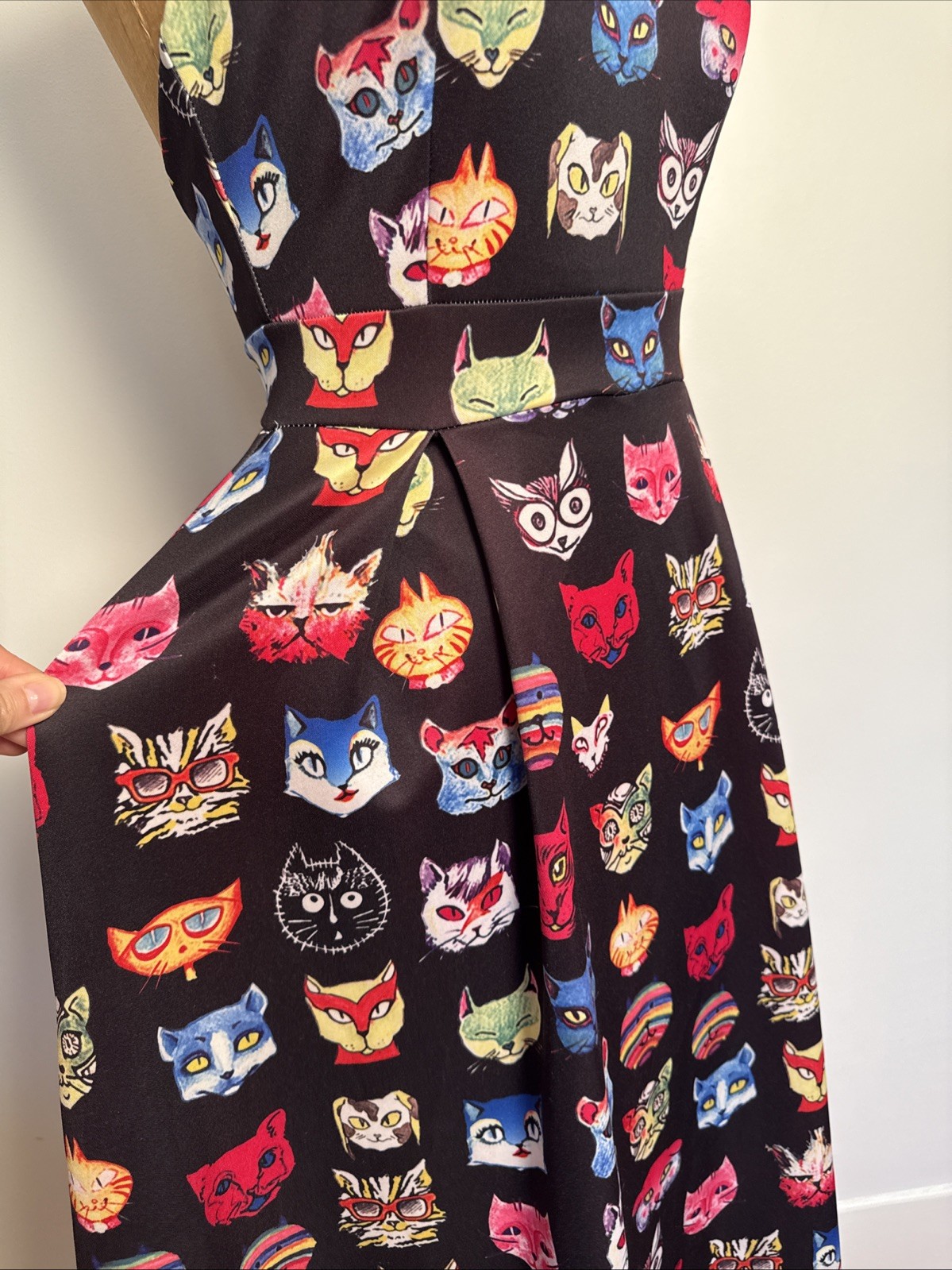 High Neck All Over Cat Print Rainbow Halter Midi Dress Stretch Jersey Cute! S