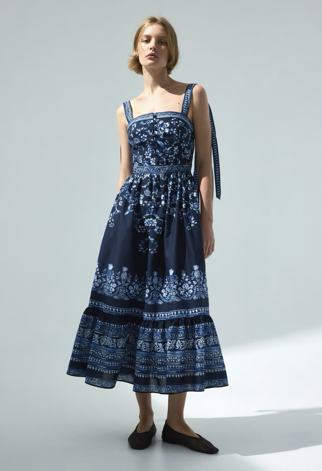 NWT H&M Cotton Dress with Tie-Top Shoulder Straps (Navy blue/Floral) Various.