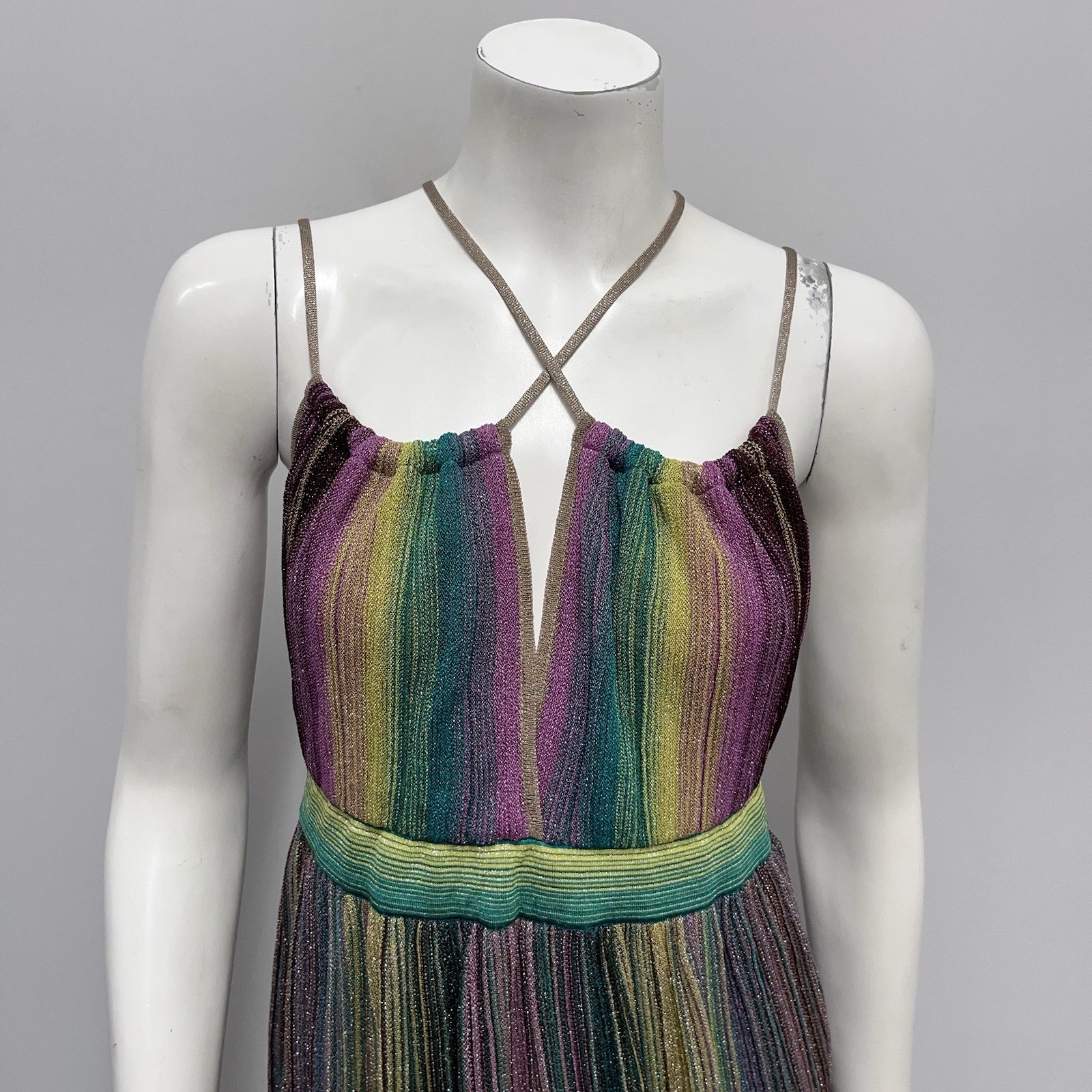 Missoni Womens Size 46 Multicolor Striped Long Maxi Metallic Open Back Dress euc