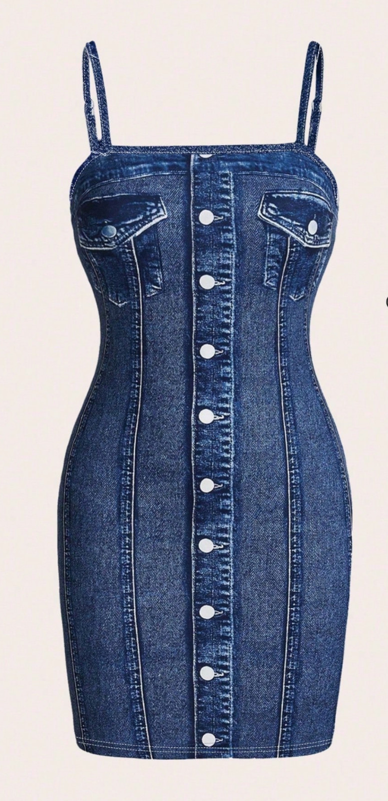 Gaze Women’s Spaghetti Strap Simple Fitted Digital Print Denim-Effect Dress