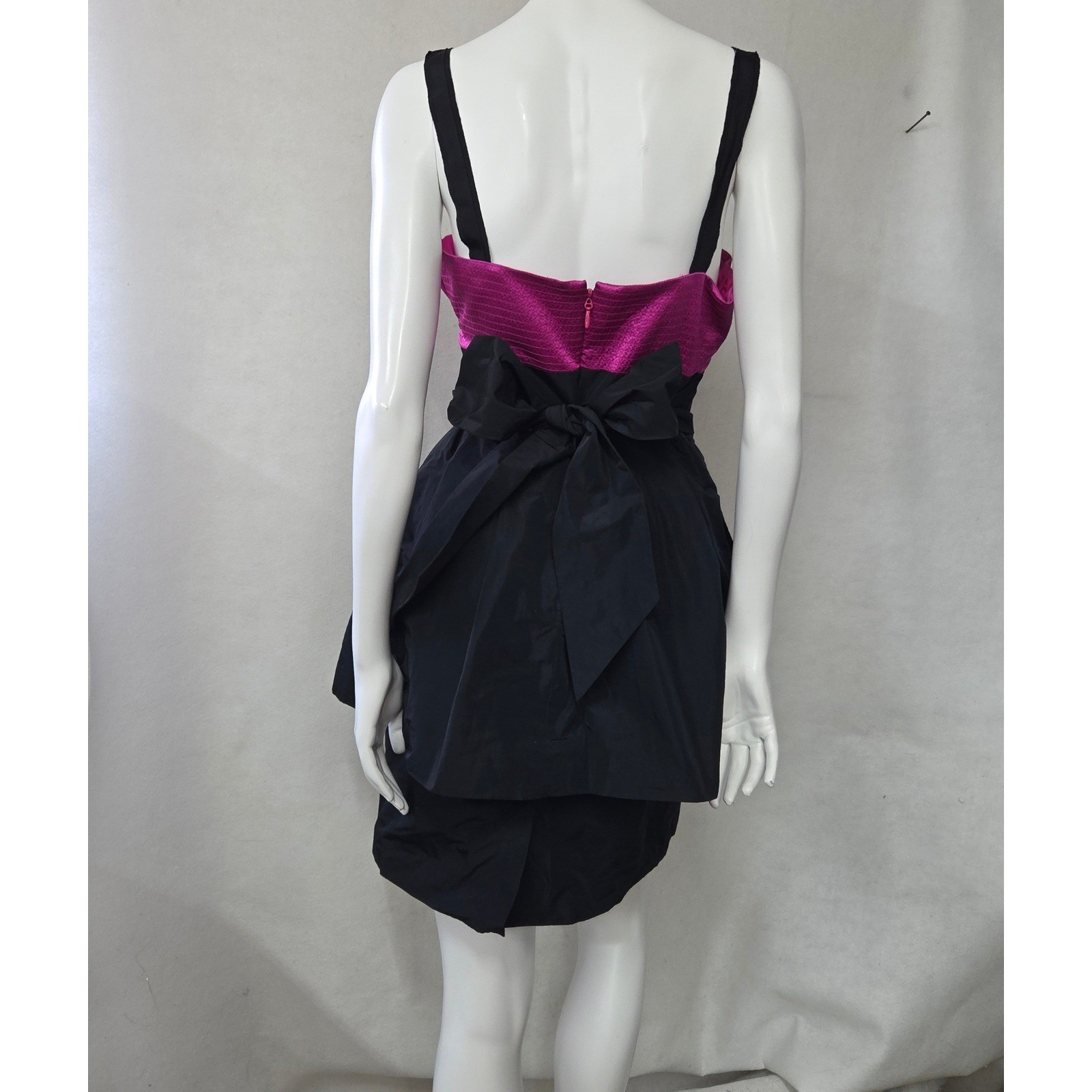 BCBGMAXAZRIA Cocktail Dress Women 8 Pink Black Bubble Hem Silk Trim Bow Pockets