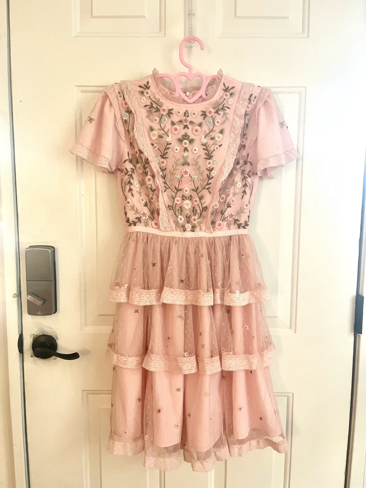 Ivy City Co Dress Sz XS Pink Embroidered Flowers Tulle Ruffle Tiered Fairy NWOT