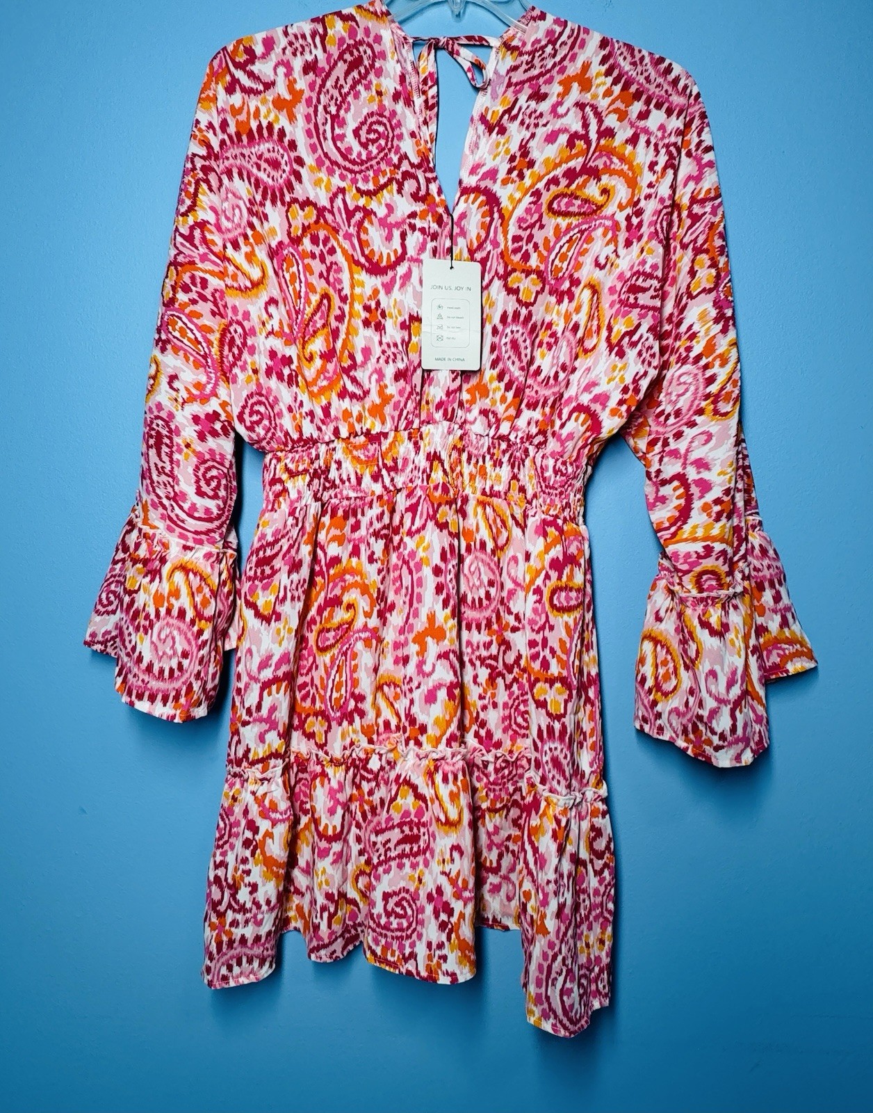 KOJOOIN Pink Orange Paisley V-Neck Ruffle Sleeve Mini Dress, Size L(0094)