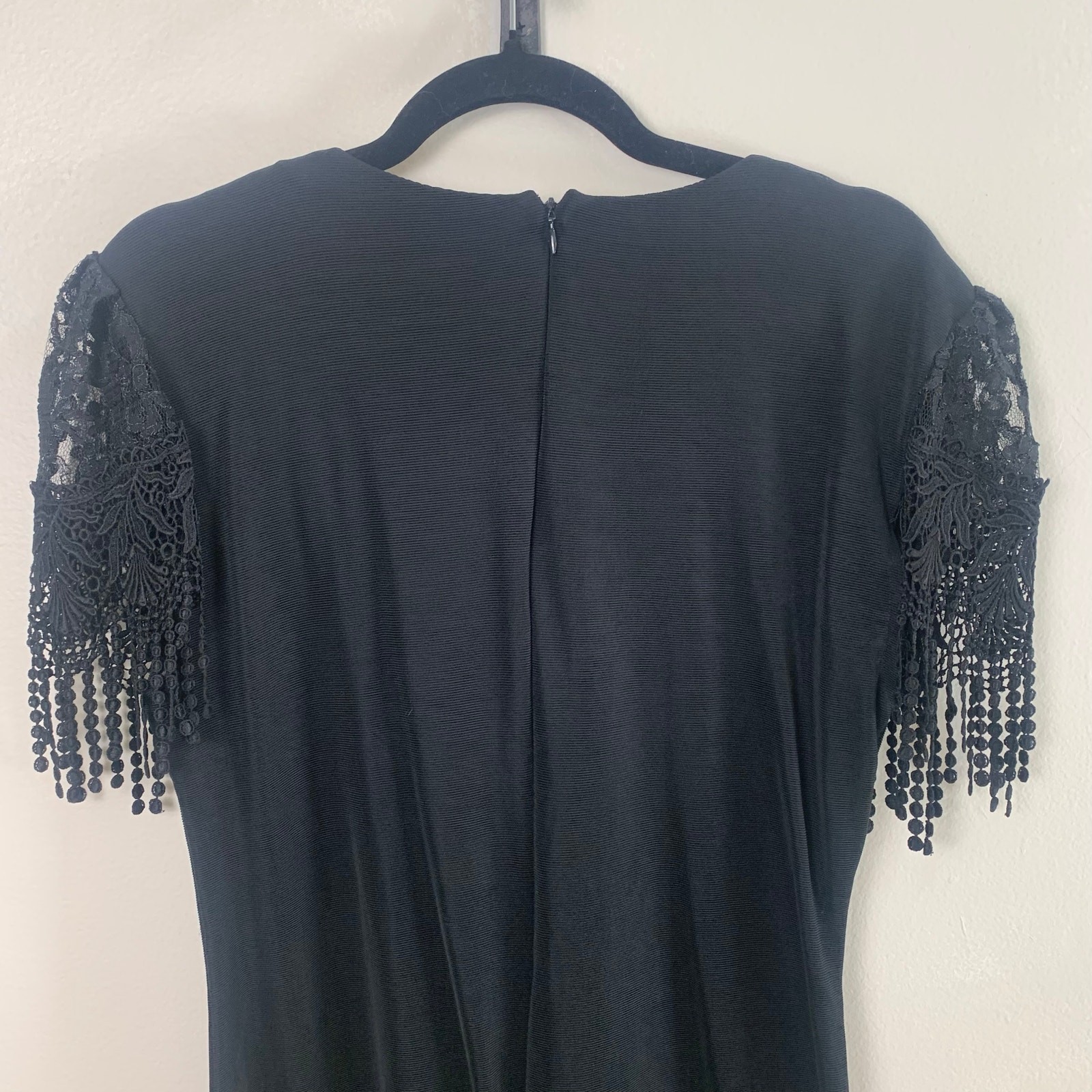 Vintage Black Lace Fringe Cocktail Dress Sen Shi Beaded Trim Midi Fitted Stretch