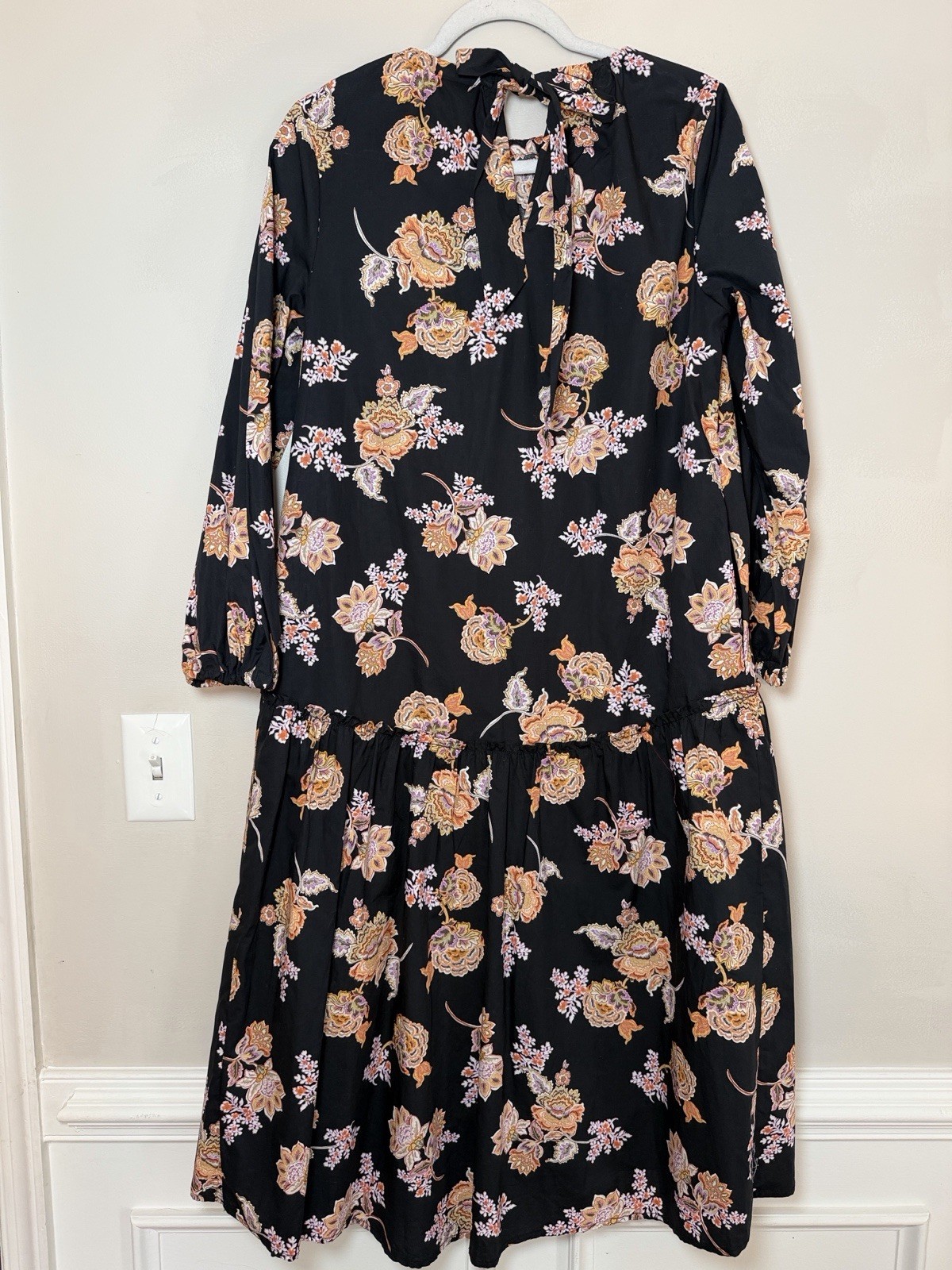 WHO WHAT WEAR NWT Black Multicolor Floral Woven Tie Neck Dress, Long Sleeve, XS