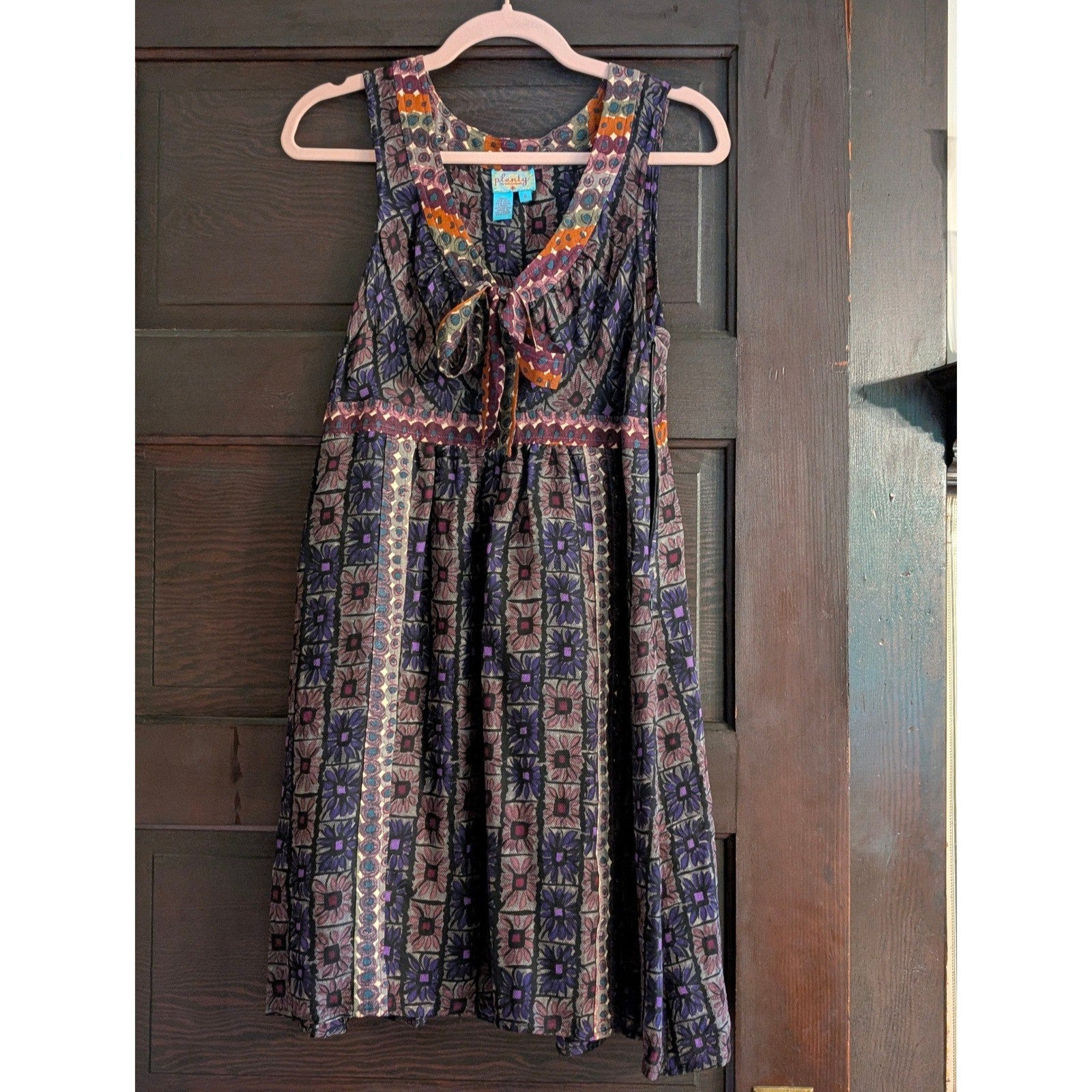 Plenty by Tracy Reese Silk Wool Blend Tie Neck Dress Purple Floral Geometric 6