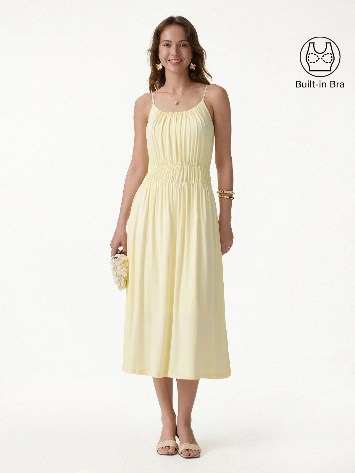 OGL Vacay Gathered U-Neck Spaghetti Midi Bra Dress with Pockets, Pale Yellow, L