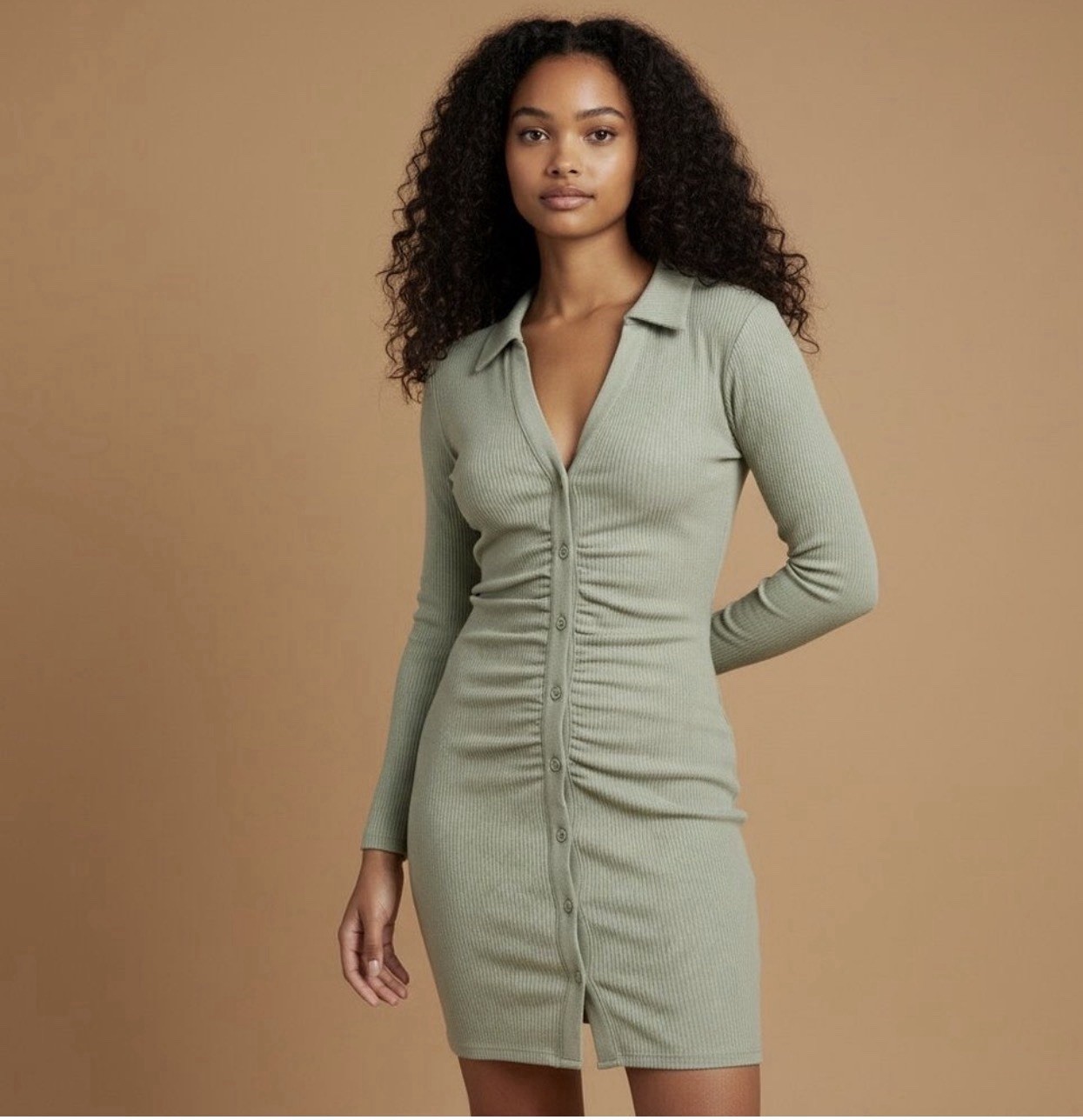 Abercrombie & Fitch Sage Green Long Sleeve Ribbed Button Front Ruched Dress M