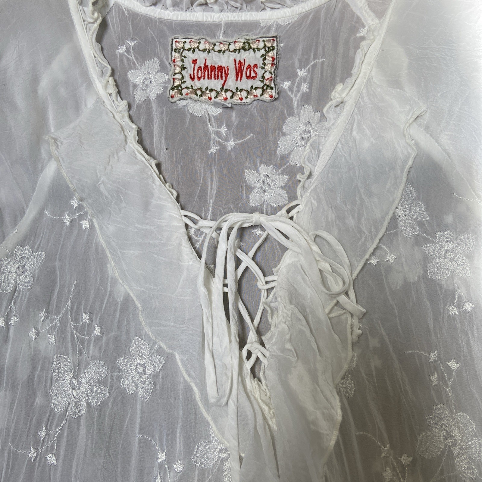 JOHNNY WAS SZ SM WHITE SHEER RAYON TIERED SKIRT DRESS DELICATE FLOWER EMBRODERY