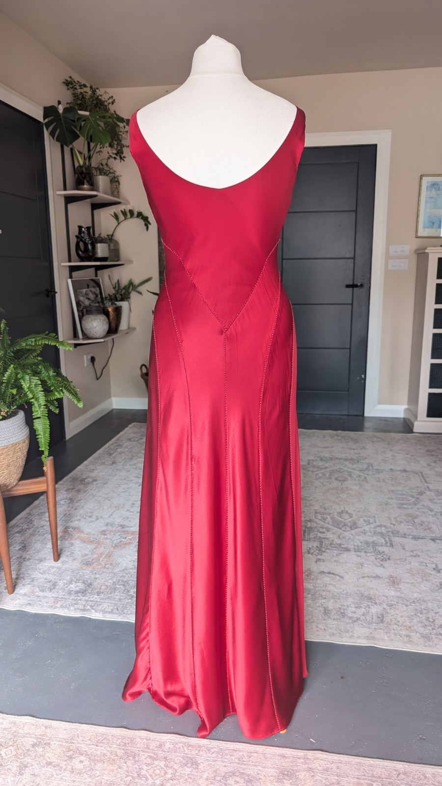 Vintage Y2K Monsoon 100% Silk Red Maxi Dress UK 12 Beaded Cowl Neck Evening Gown