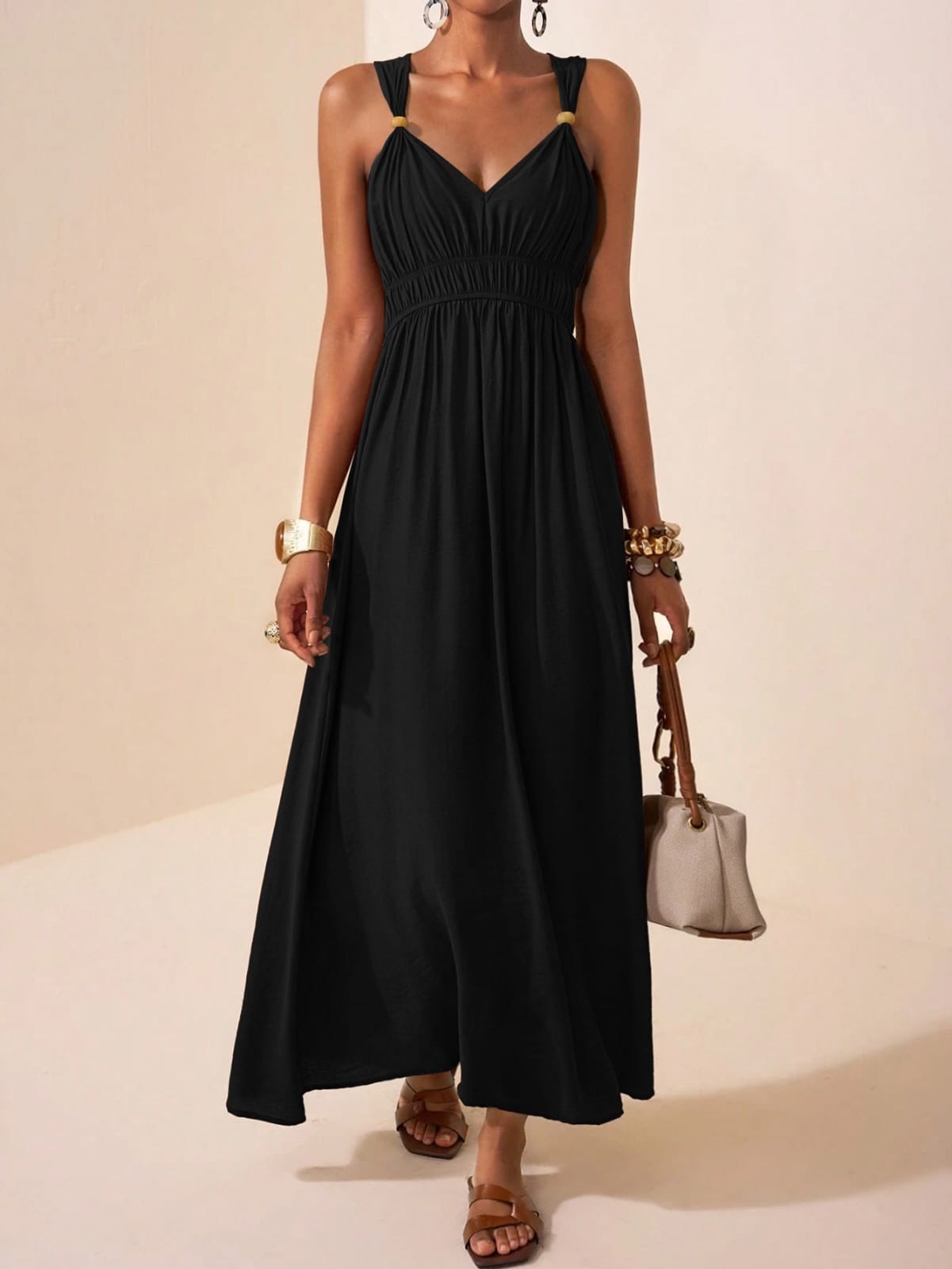 2026 Women’s V Neck Sleeveless Maxi Dress Solid Color Beaded Summer Long Dress
