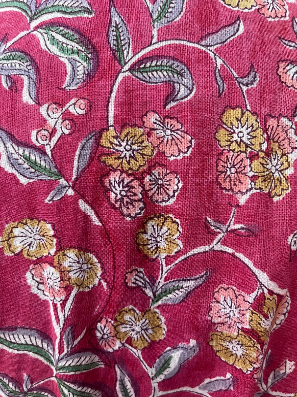 Women’s Hand Block Print Cotton Kurti Raspberry Floral 3/4 Sleeve Back Tie Dress
