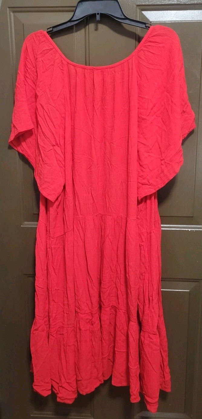 Knox Rose Womens 3X Red Peasant Dress Flutter Sleeve Tiered Midi Plus Size Boho