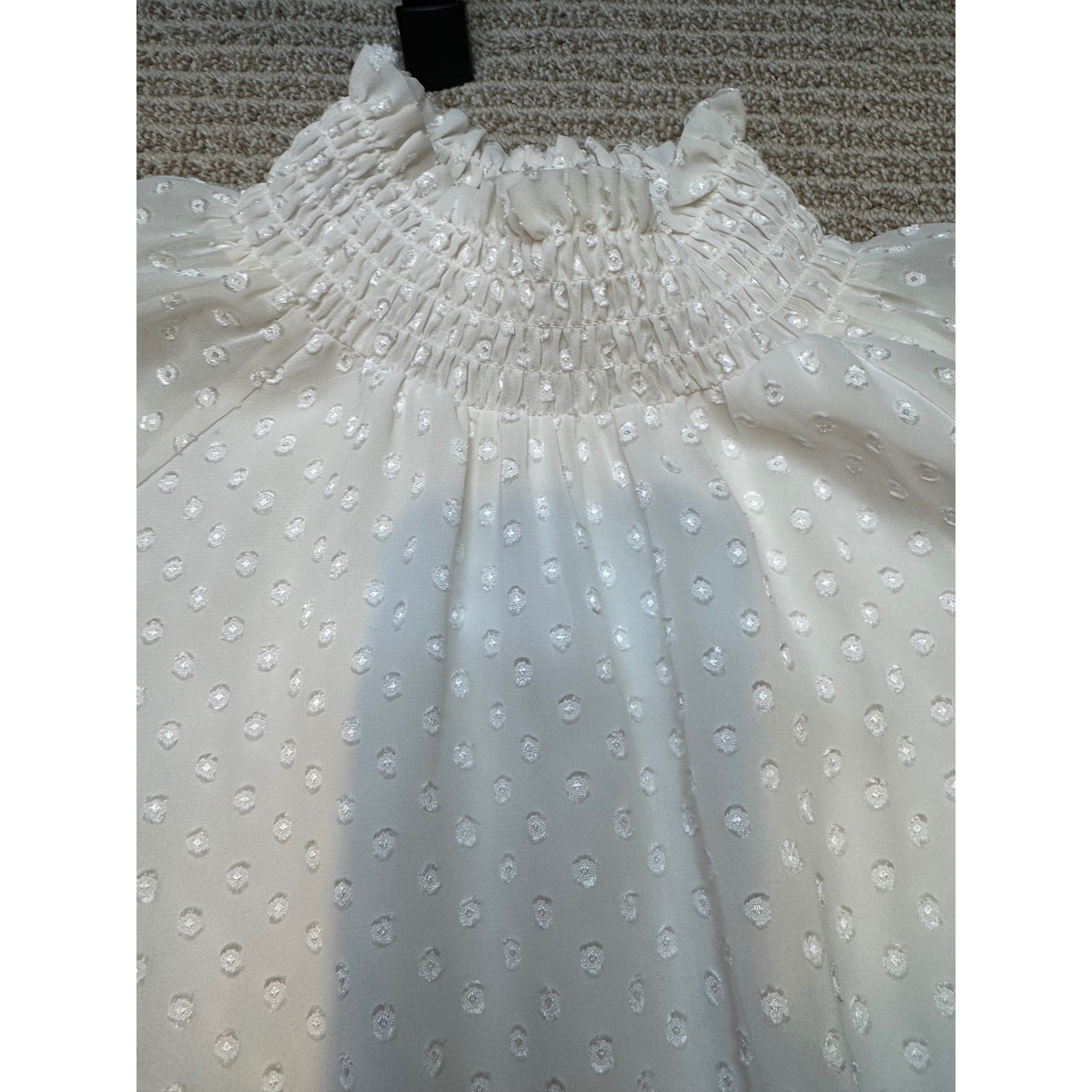 Yumi kim Cream Swiss Dot Mock Neck Tiered Ruffle Dress Size L Long Sleeve