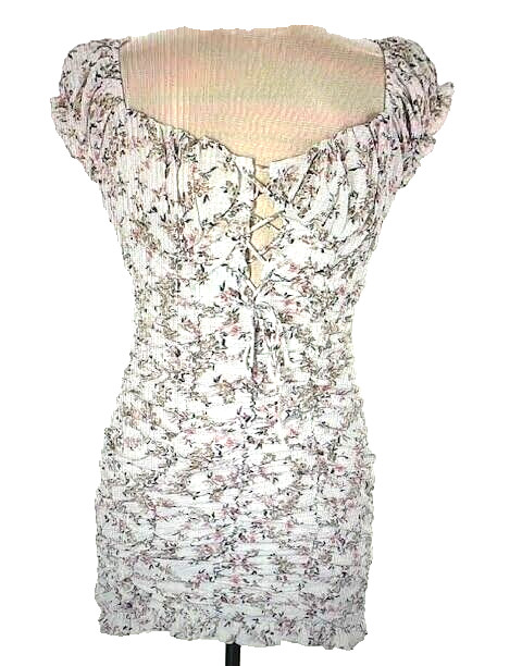 NWT Miss Lola Ruched Shoulder Bodycon Mini Dress White Gray Print Sz Medium