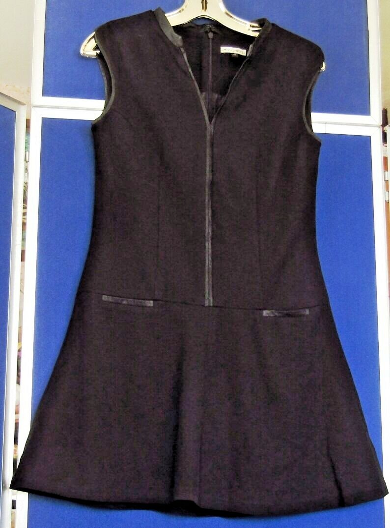 EUC Wardrobe Staple LITTLE Black DRESS by MY TRIBE A-Line w. LEATHER TRIM Sz M