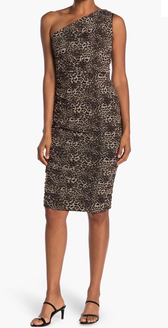 Love by Design Bodycon Midi Dress XL One Shoulder Leopard Ruched Beige Party $96