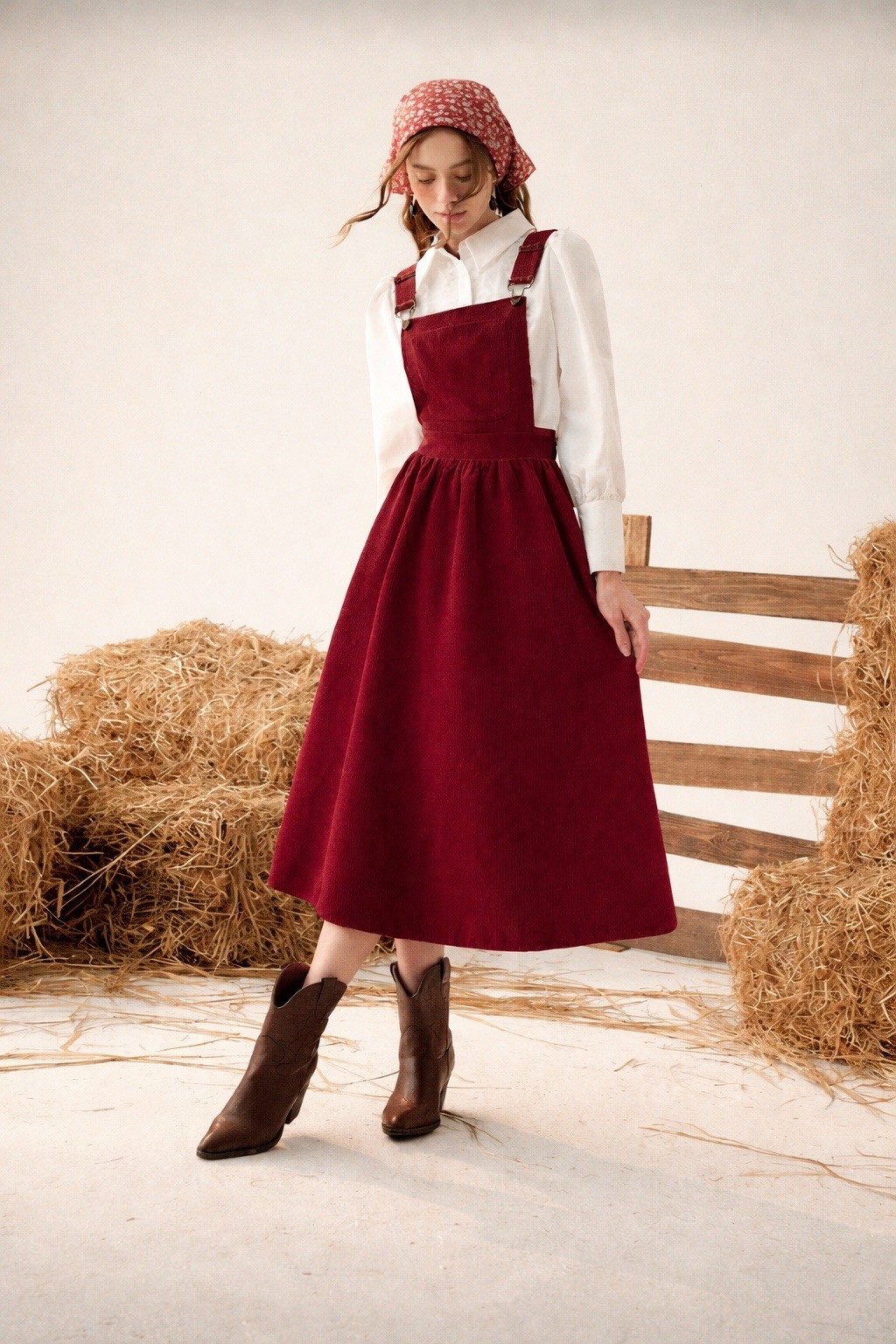 Burgundy Corduroy Midi Dress Overall Fit & Flare 8/10 L New no tags SHEIN Mod