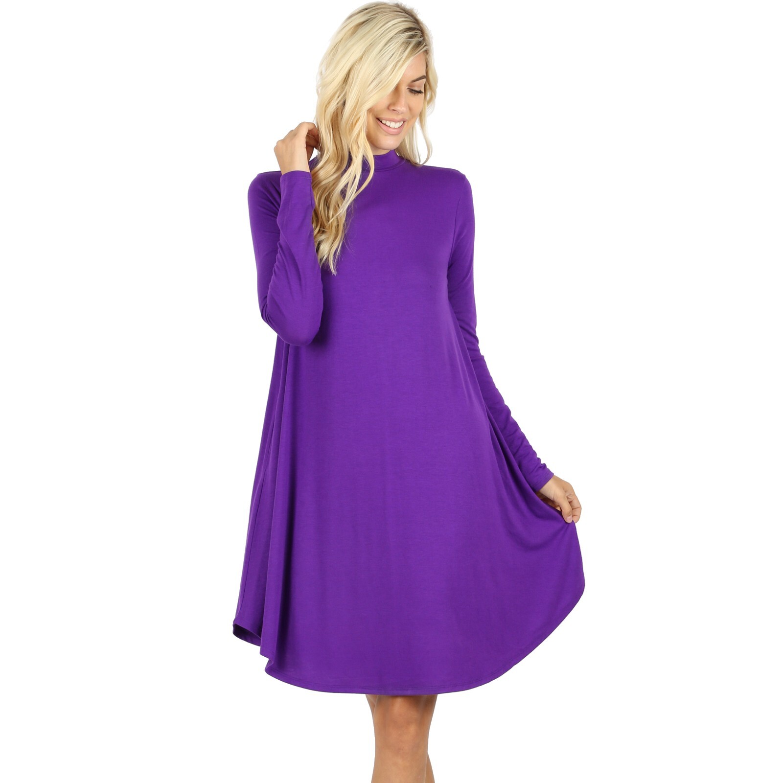 Long Sleeve Swing T-Shirt Dress Mock Neck Solid Casual Tunic Soft Knit Dress