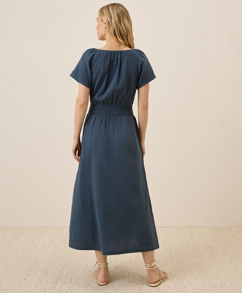 Pact Women’s Coastal Double Gauze Boho Midi Dress Large French Navy