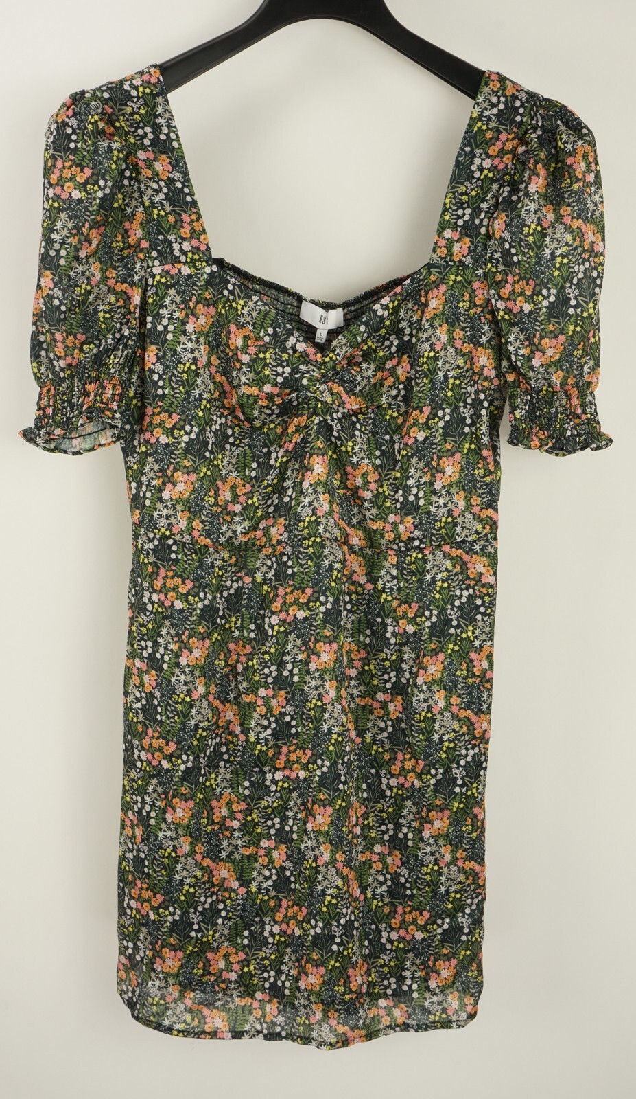 New NSR Women’s Size L Green Floral Puff Sleeve Gathered Sweetheart Mini Dress