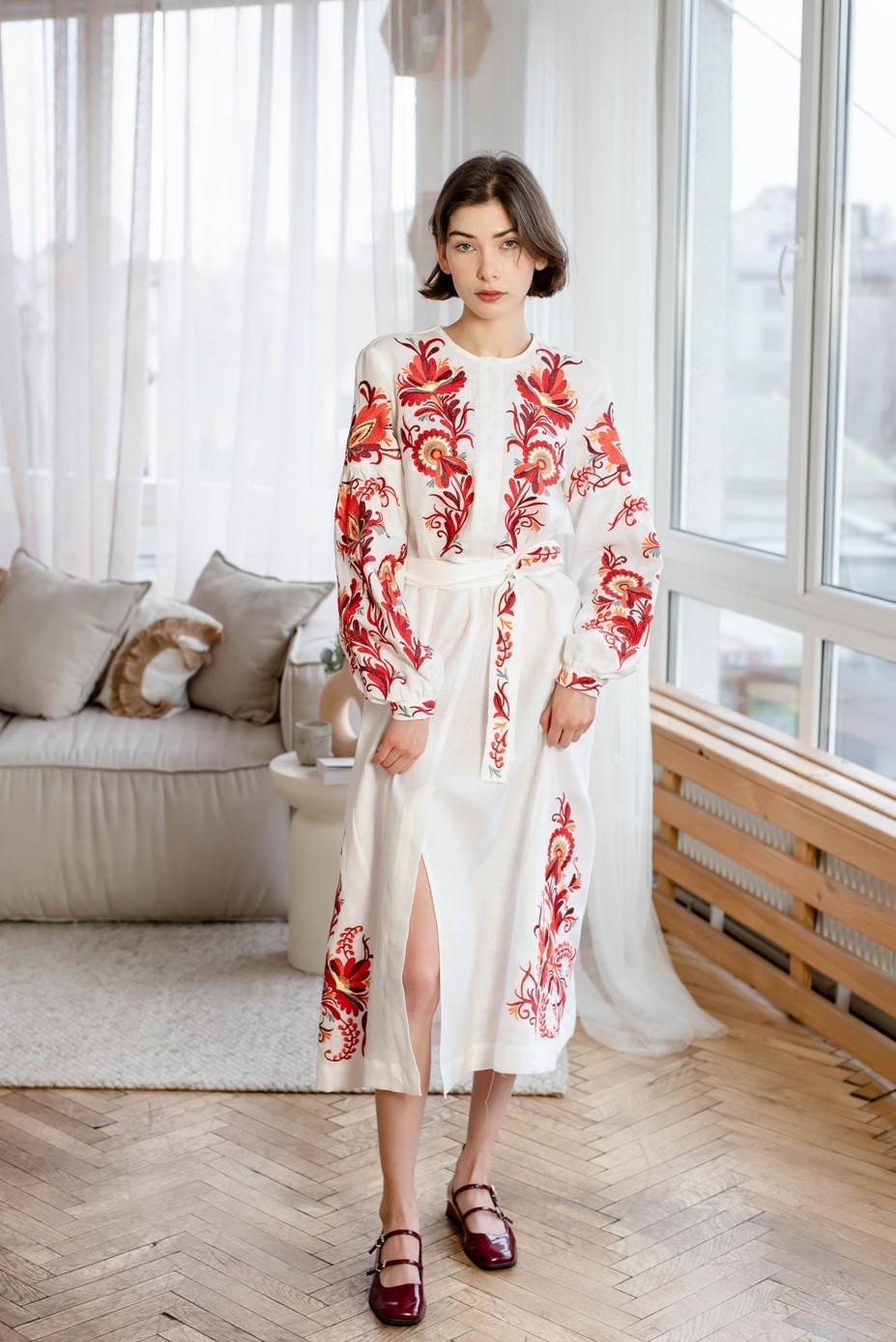 Women’s White Embroidered Linen Midi Dress Ukrainian Vyshyvanka with Belt Boho