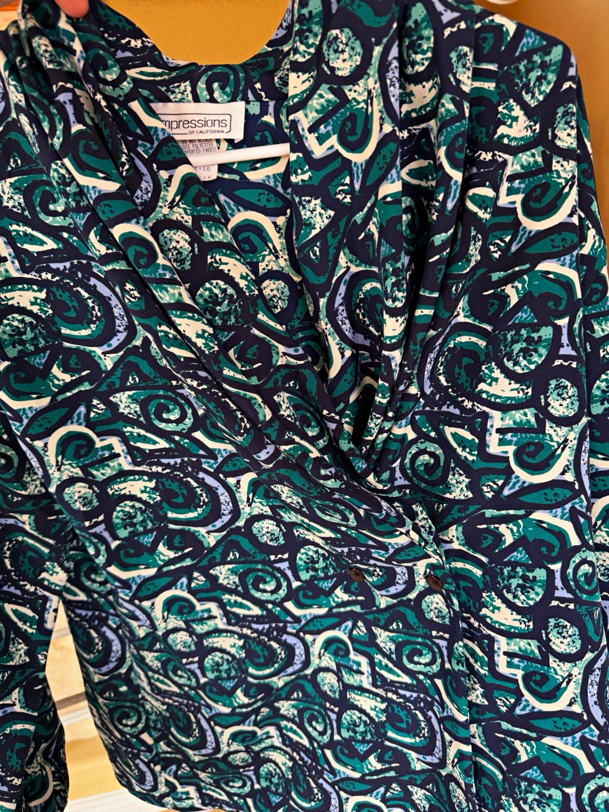 Impressions of California Wrap Dress Abstract V-Neck Size 10 Green Blue White