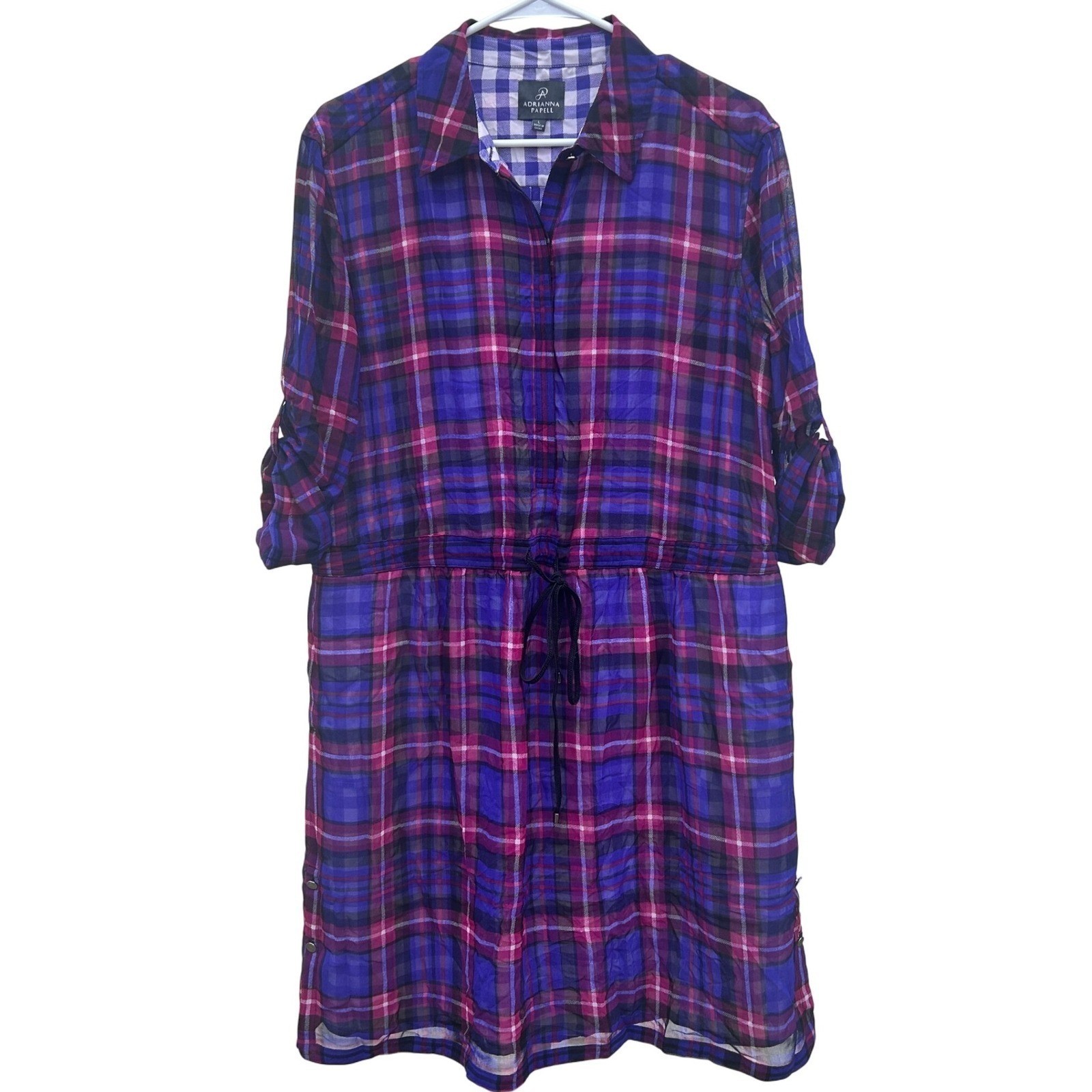 Adrianna Papell Large Plaid Shirt Dress Midi Drawstring Roll Tab Sleeve Casual