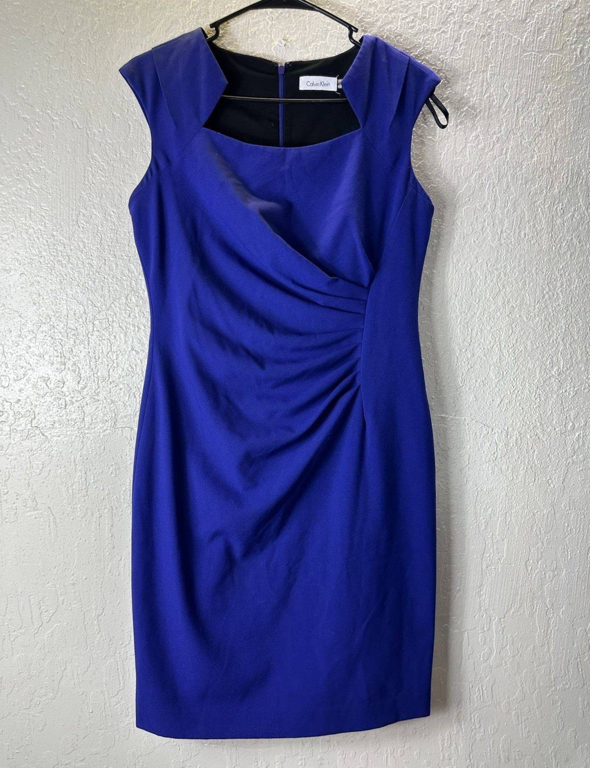 Calvin Klein Blue Ruched Sheath Dress 10P Cap Sleeve Square Neck Zip Lined