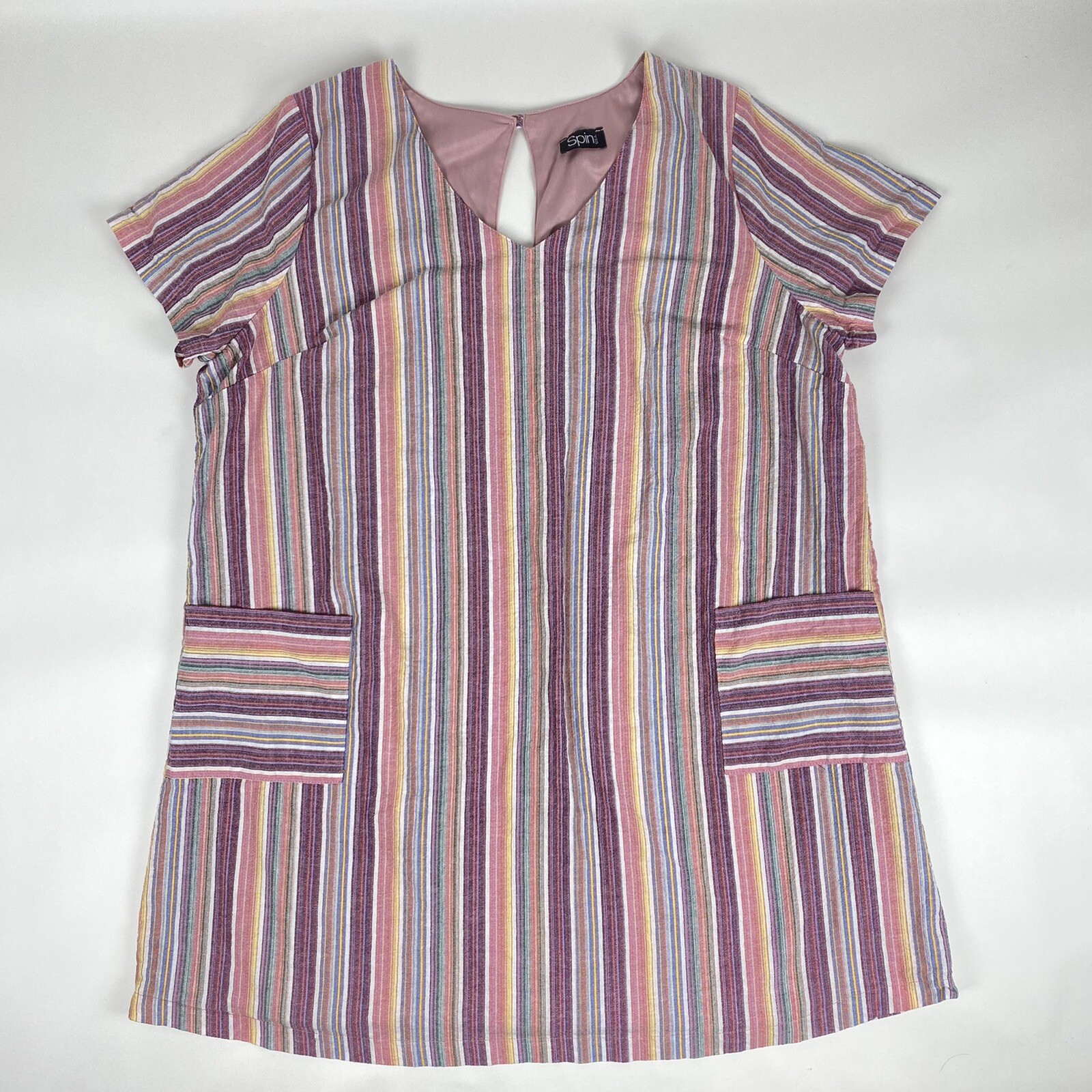 Spin 3XL Linen Blend Striped Shift Dress Short Sleeve Pockets Colorful Hippie