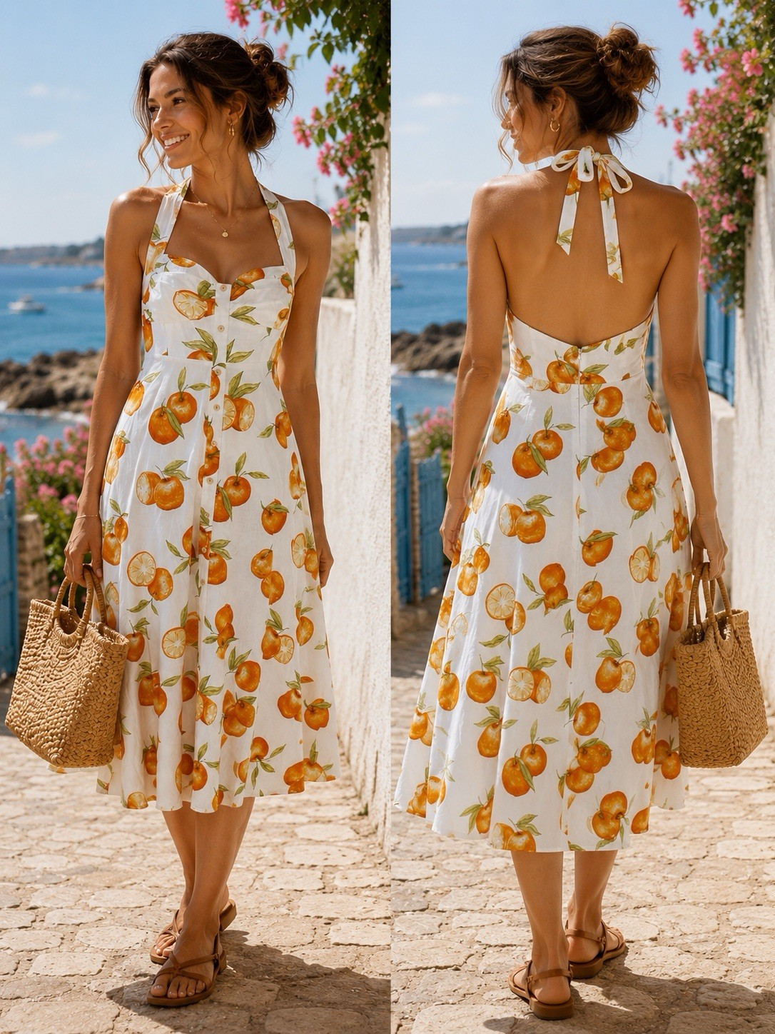 Zara Linen Blend Orange Citrus Print Halter Midi Dress Coastal Euro Summer M NWT