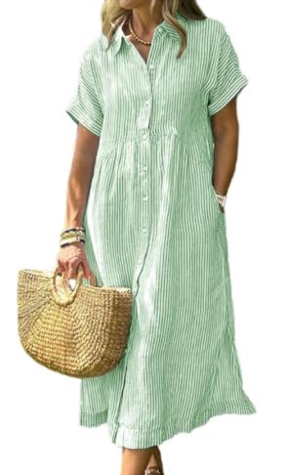 chouyatou Women’s Summer Green Striped Midi Long Shirt Dress Casual L Preppy