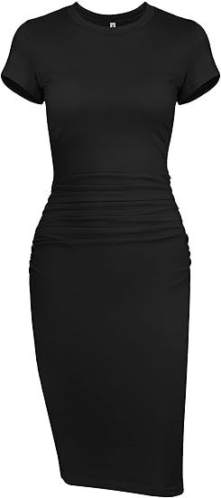 Women’s Bodycon Ruched Short Sleeve T Shirt Midi Sundress Fitted Casual Dress