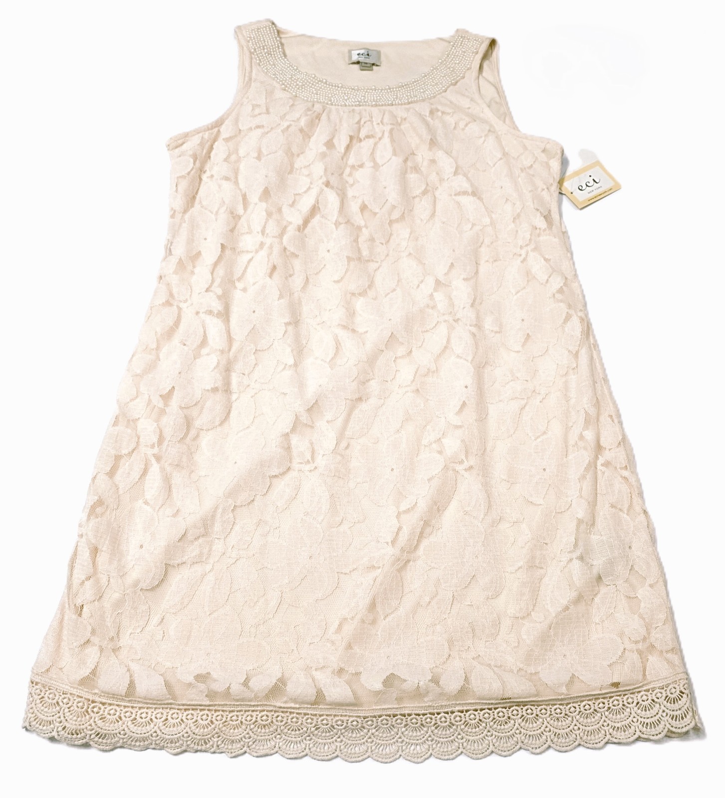 ECI New York NWT Ivory Lace Sheath Dress Beaded Neck Sleeveless Size 14 $148