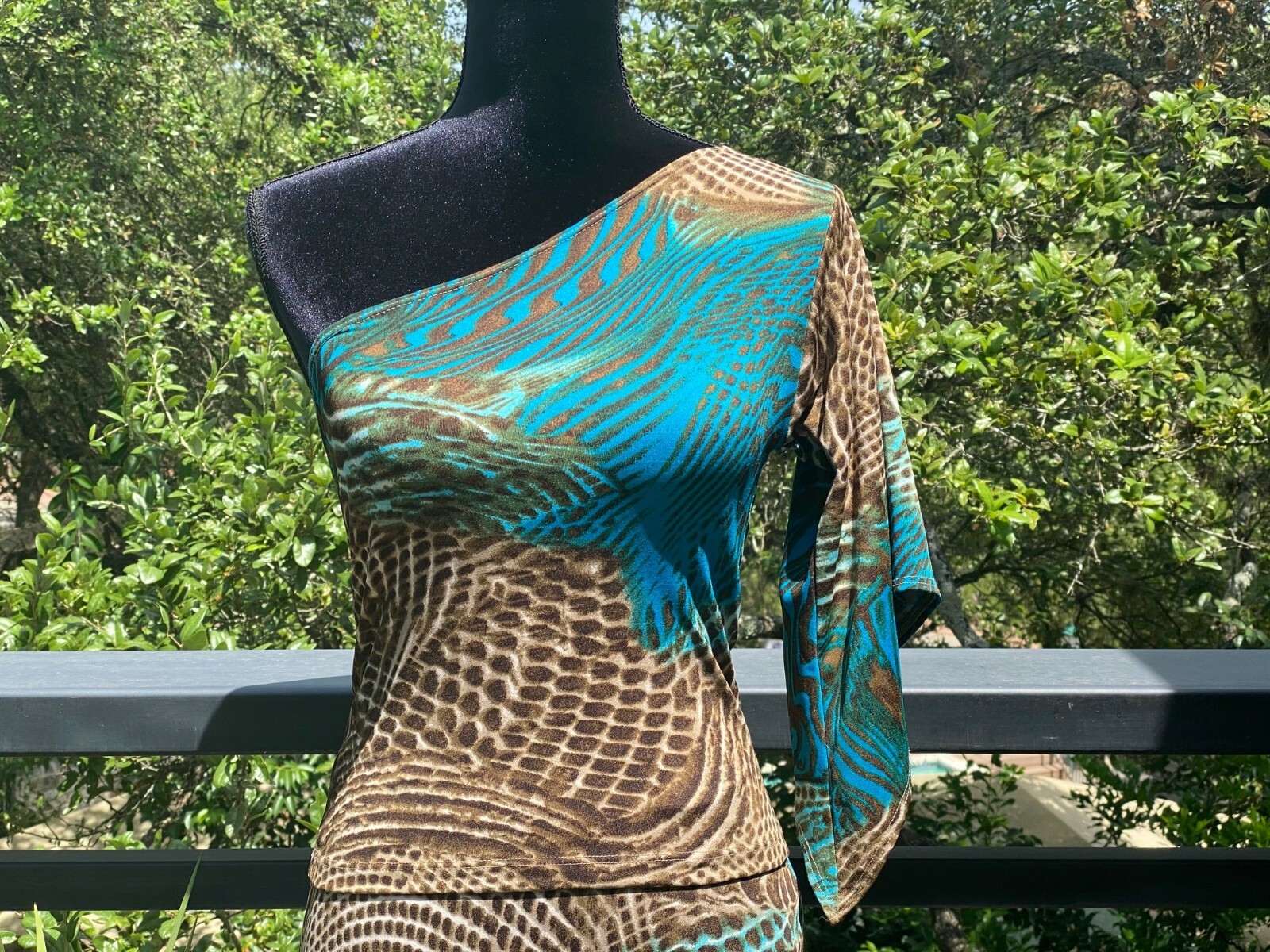 Animal Print One Shoulder Bell Sleeve Skirt Set Sz S- Beige / Brown / Turquoise