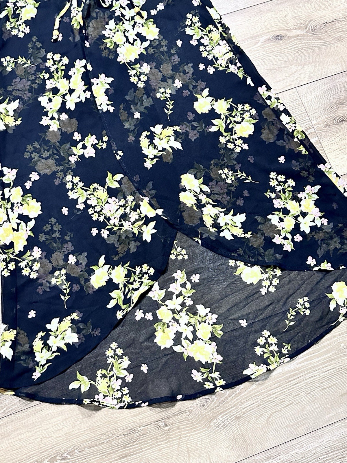 NWT 3rd + Malt Sheer Floral Duster Midi Dress Women’s M Black Tie Waist Boho