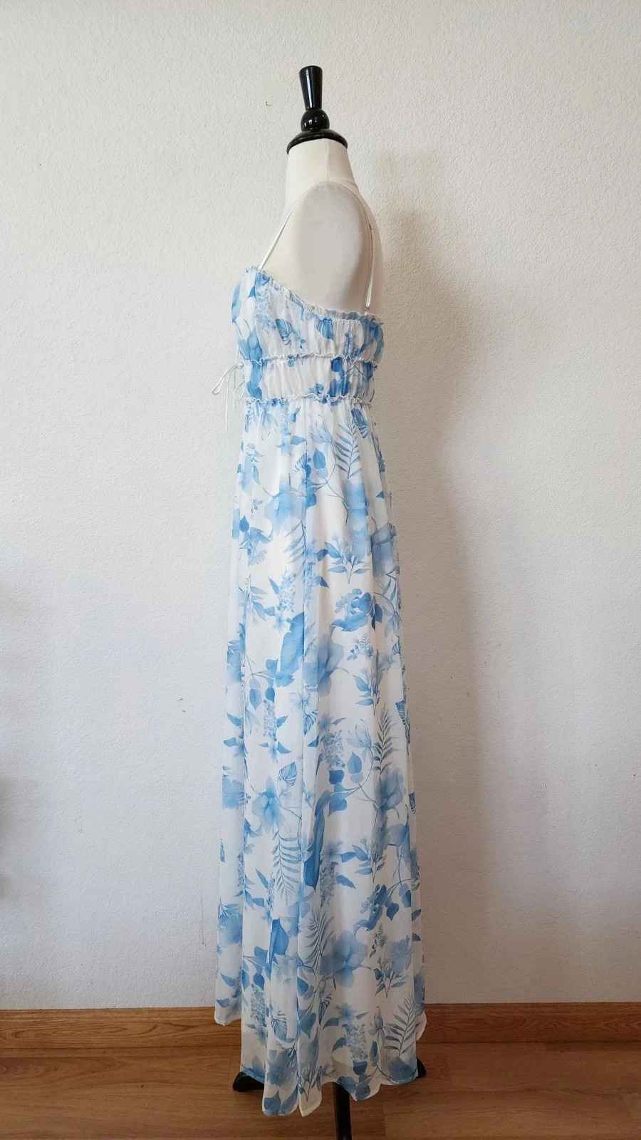 New Anthro Maxi Dress Size Small White Blue Floral Coquette Bow Europe Italy