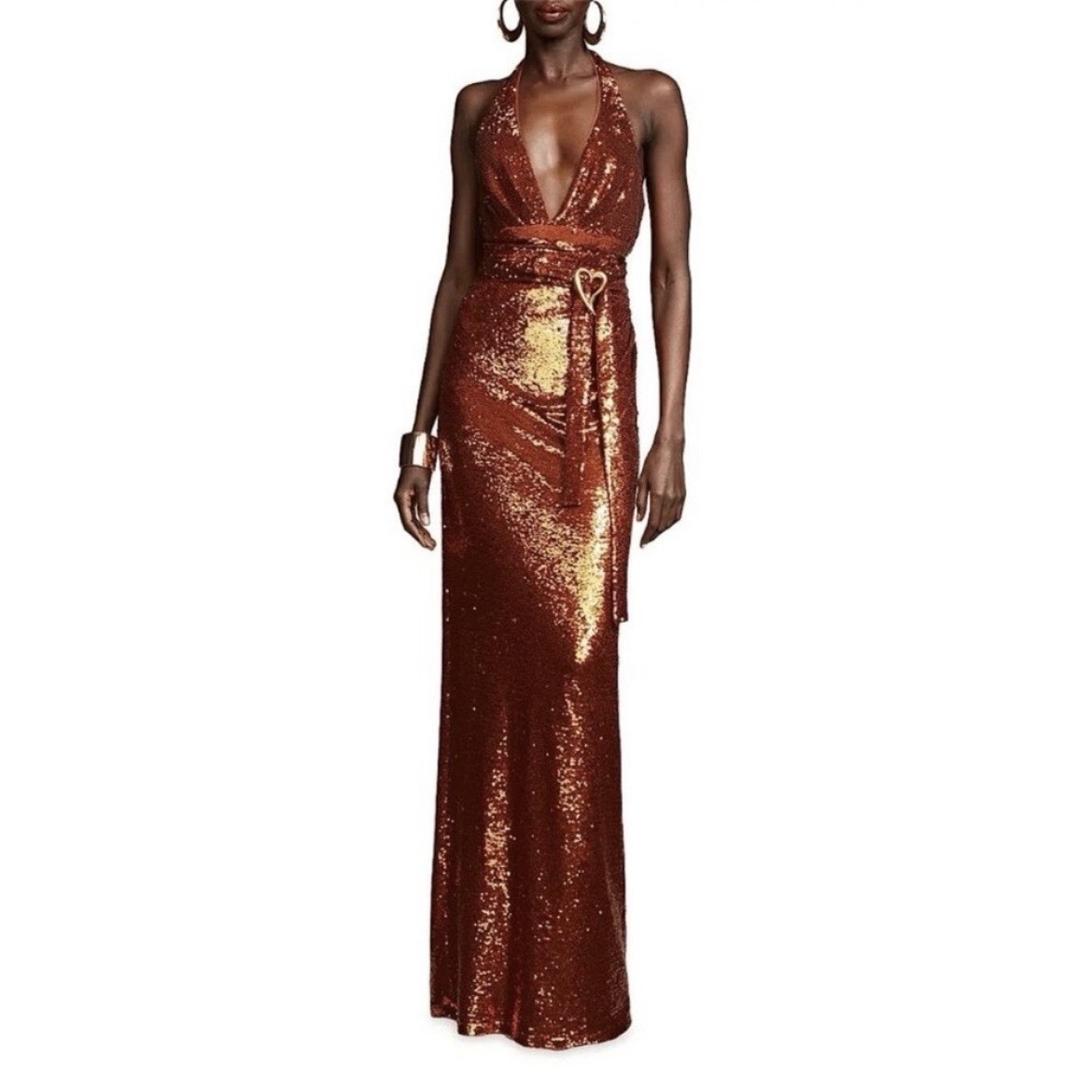NWT Halston Copper Sequin Halter V Gown Dress Heart Buckle Sleeveless Size 14