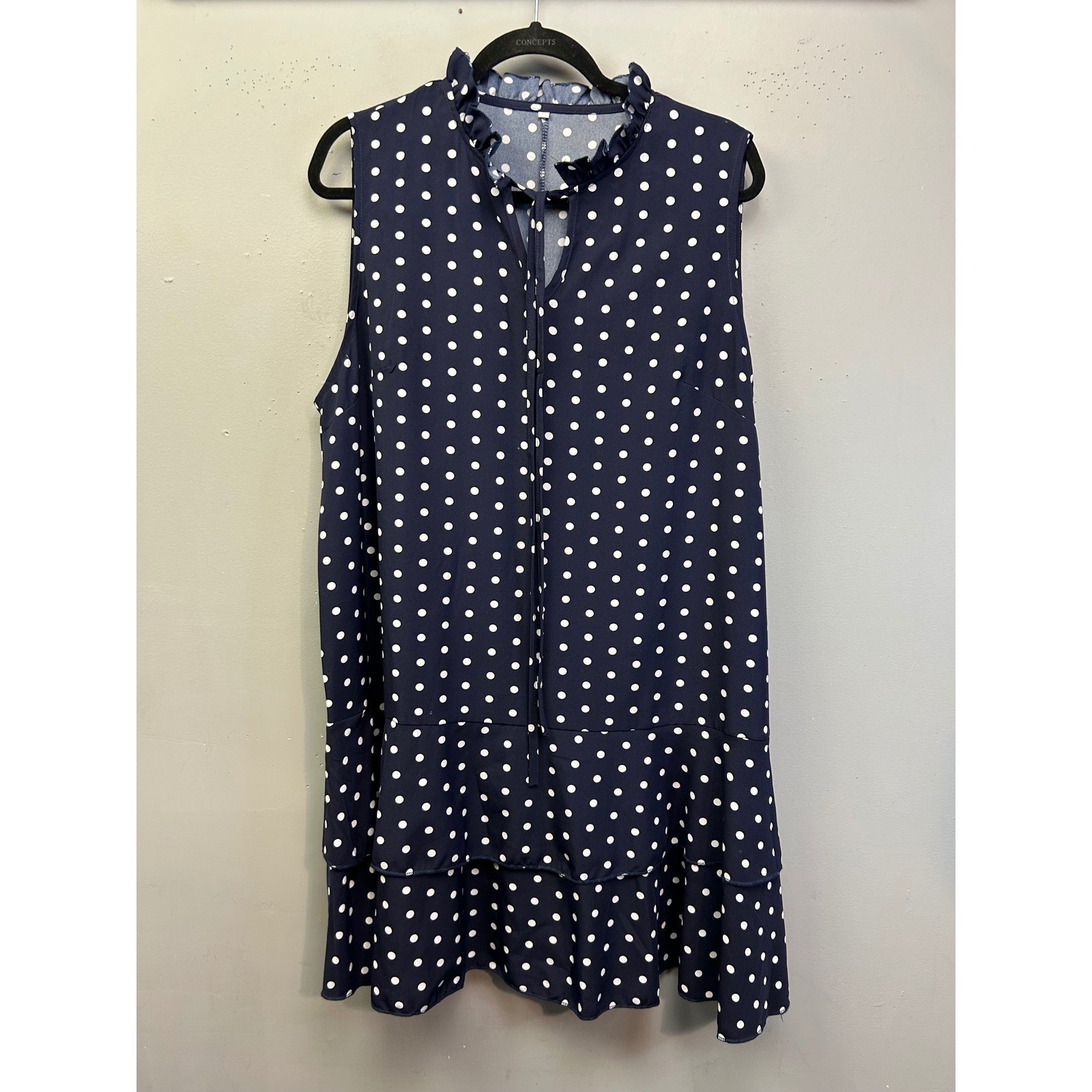 Plus Size Dress Women XXL Navy Polka Dot Ruffle Neck Tiered Sleeveless Shift