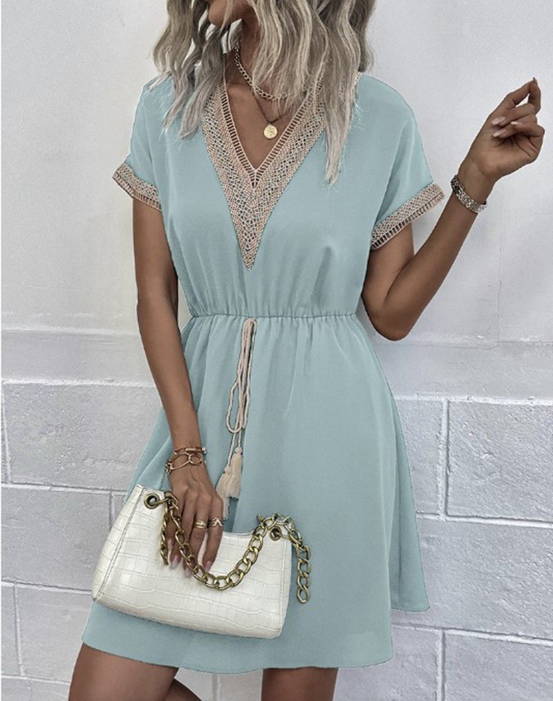 V NECK Summer DRESS WOMEN Short Sleeve Casual Solid Color Ruffle Midi Dresses